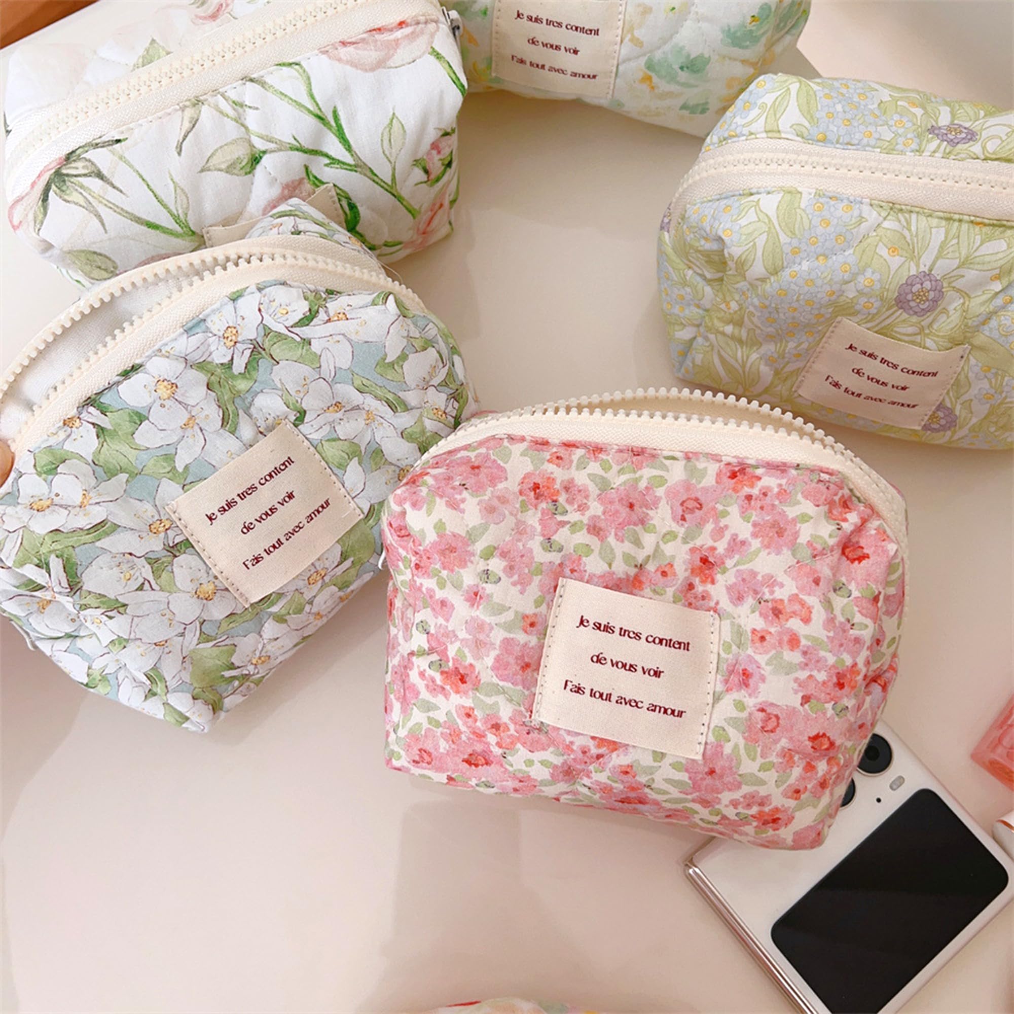 Floral Makeup Bag Small Travel Cosmetic Organizer - Cute Quilted Cotton Zipper Pouch for Toiletries & Accessories | Perfect for Travel, Gym, and Everyday Use