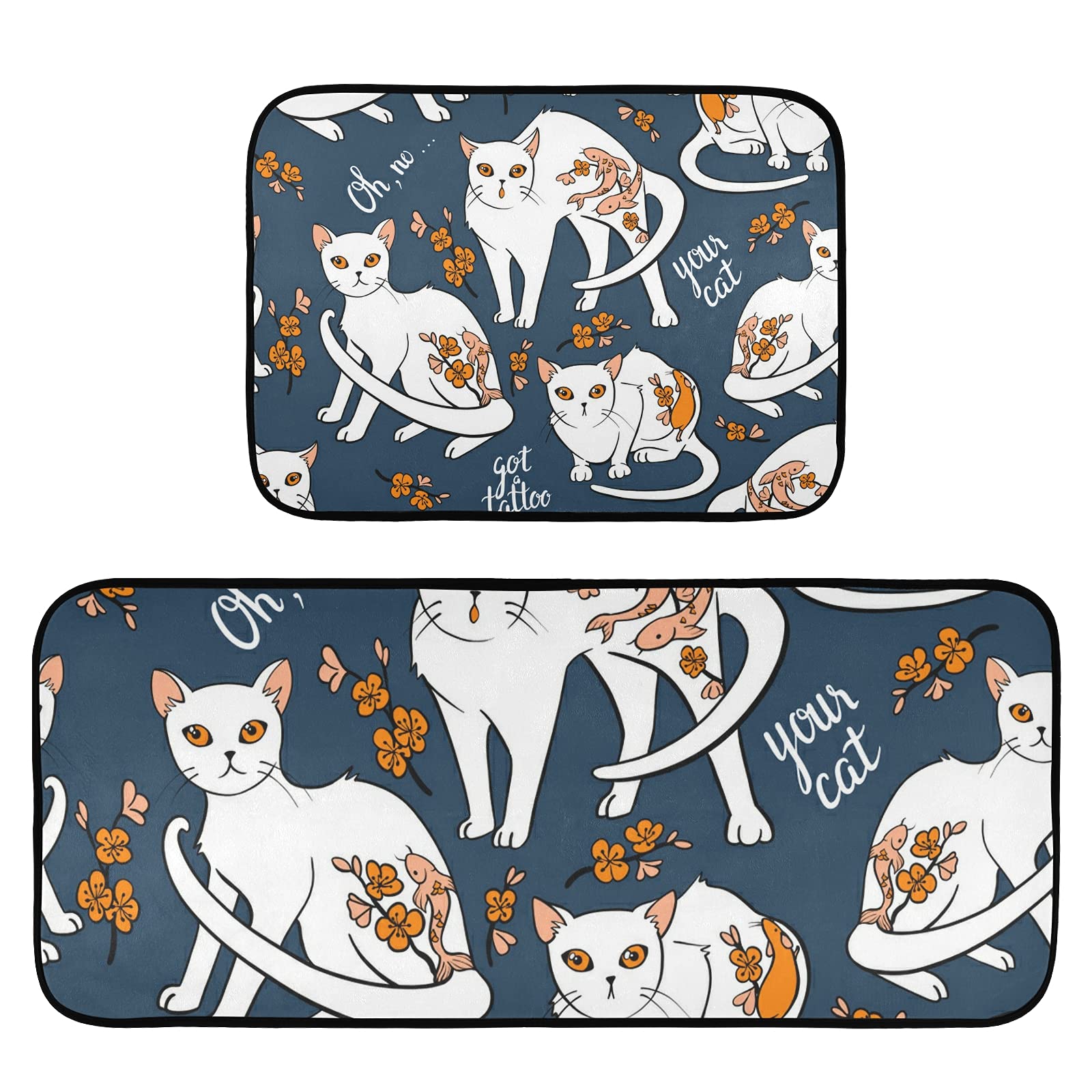 Cat Tattoo Kitchen Mat Set of 2 - Anti-Fatigue Non-Slip Waterproof Rugs for Sink and Floor - Perfect for Home Decor and Comfortable Standing in Kitchen