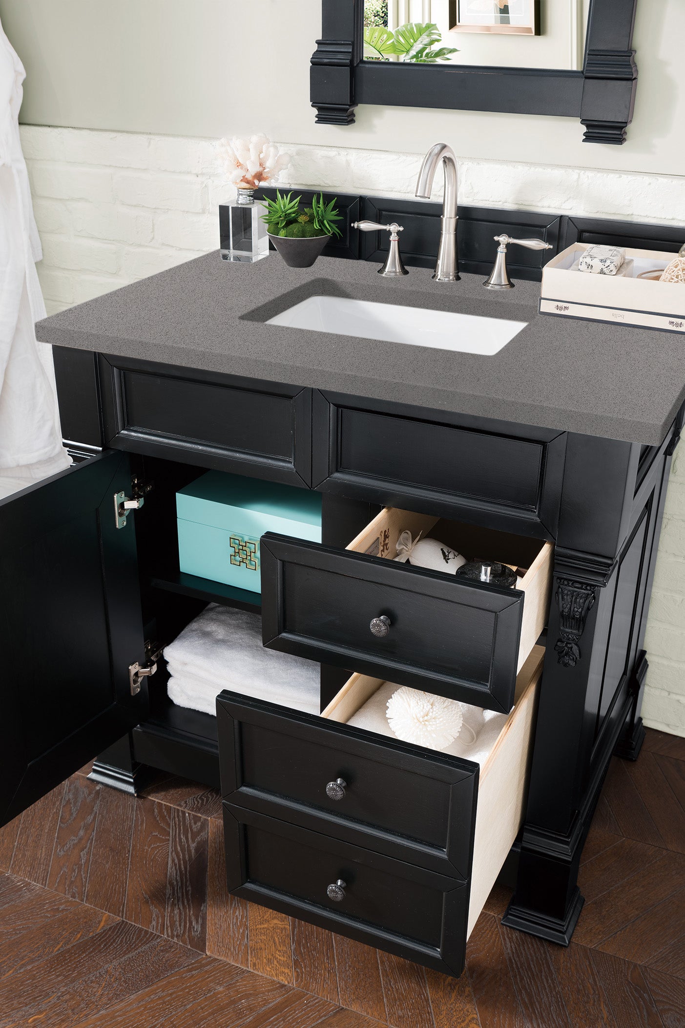 Brookfield 36 Inch Single Bathroom Vanity Set with Antique Black Finish & 3CM Grey Expo Quartz Countertop - Perfect for Modern and Traditional Bathroom Designs