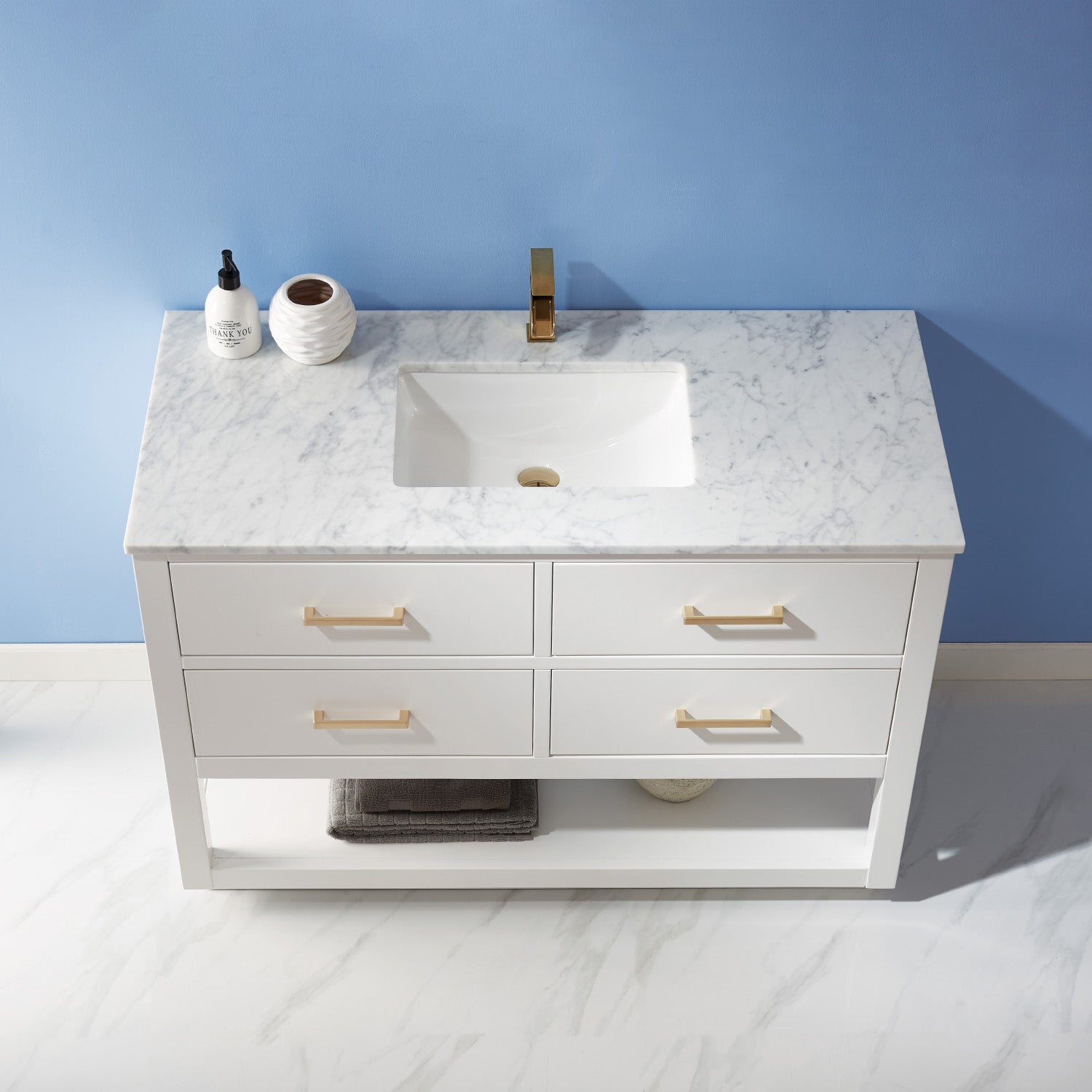 Remi 48 Inch Single Bathroom Vanity Set with White Marble Countertop - Modern Sink Cabinet for Small Bathroom, Powder Room & Guest Bath Installation