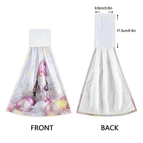 Pink Gnome Hanging Kitchen Towels - 2 Pack Christmas Hand Towels with Loops | Soft Microfiber Coral Velvet Tie Towels for Kitchen, Bathroom & Oven Decor | Absorbent Washcloths for Holiday Home Decor
