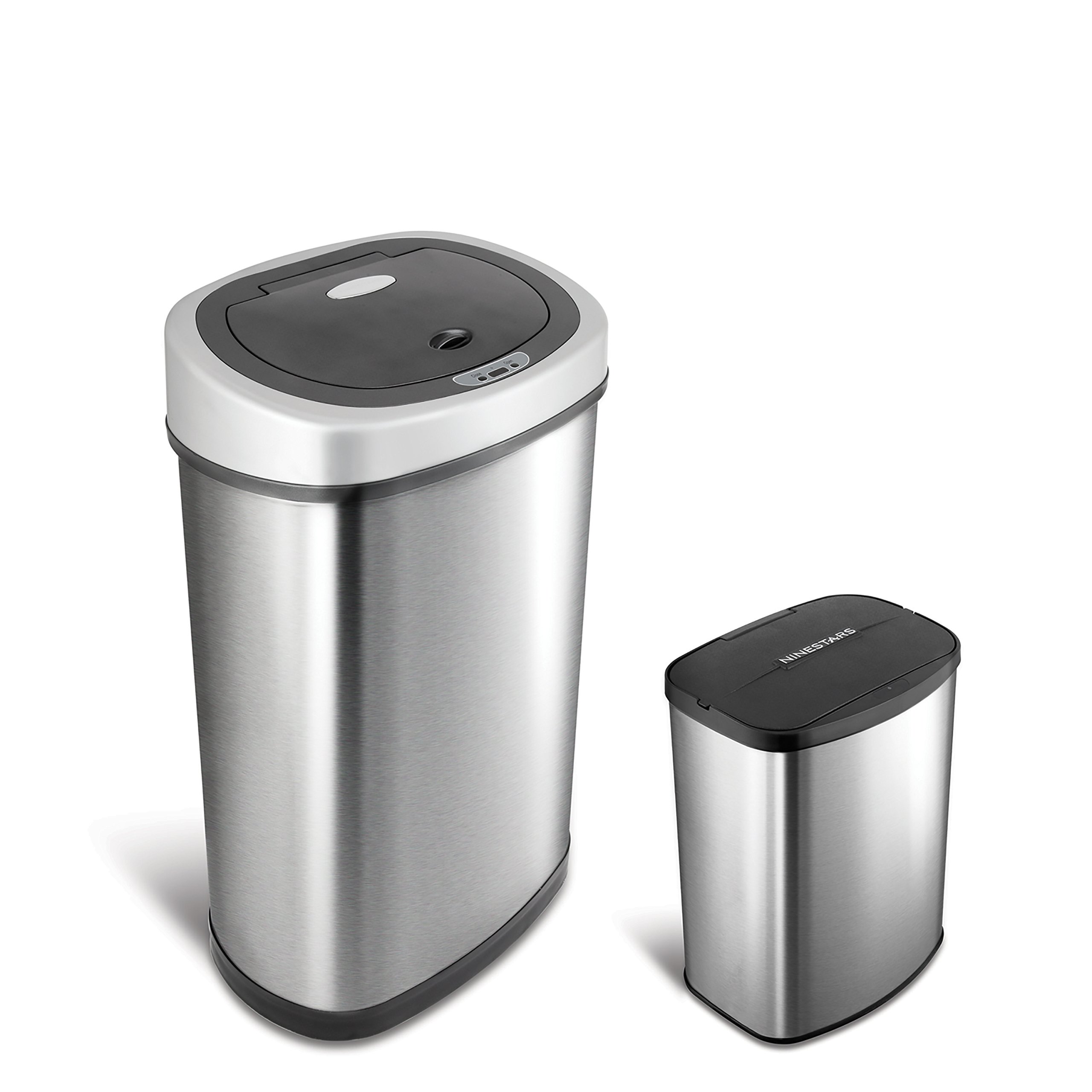 NINESTARS Automatic Touchless Infrared Motion Sensor Trash Can Combo Set - 13 Gal (50L) & 2 Gal (8L) Stainless Steel Waste Bin with Oval & Rectangular Design (Silver/Black Lid) - Perfect for Kitchen, Bathroom, Office & Home Use
