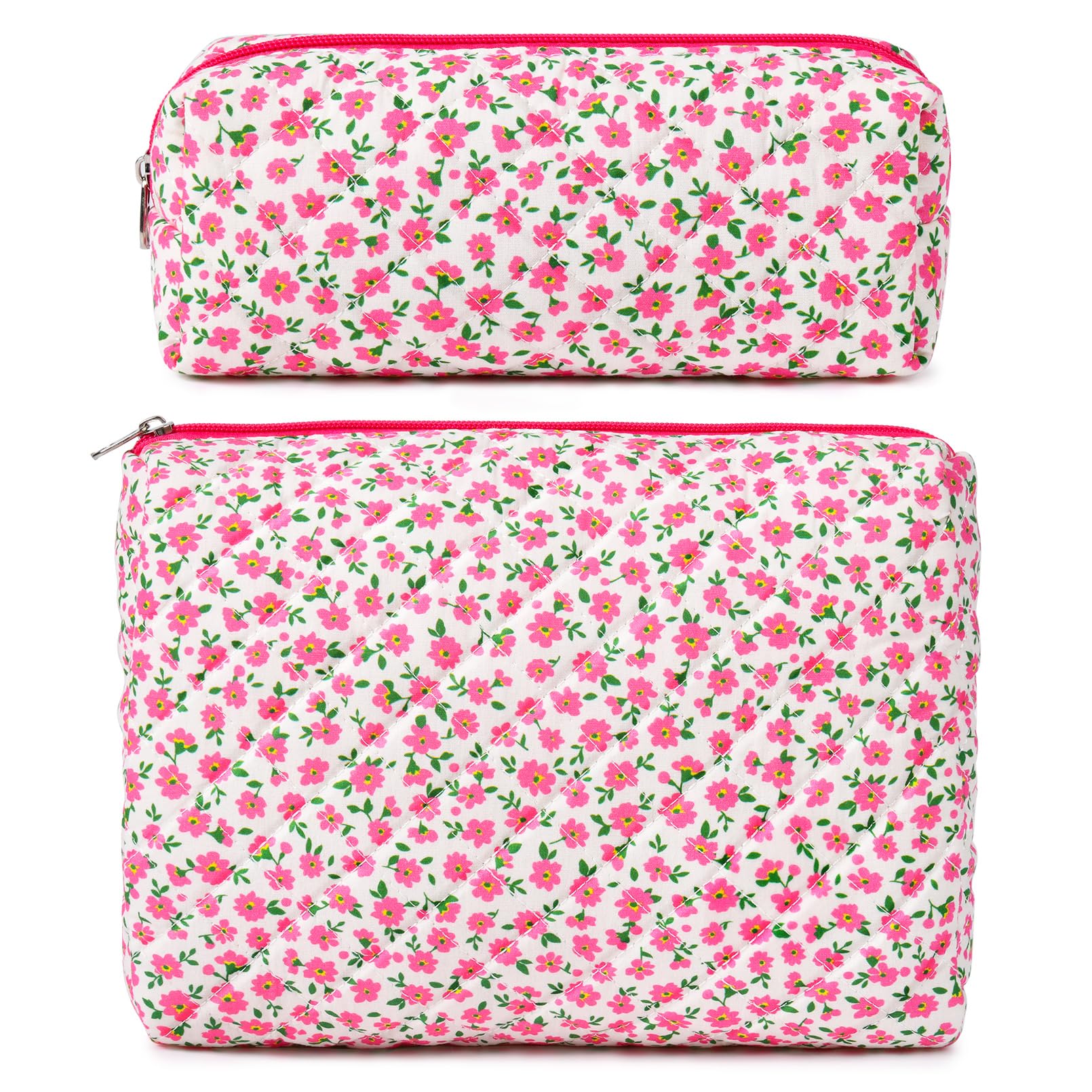 2 Pack Floral Quilted Makeup Bags for Women - Large Cotton Cosmetic Pouch, Travel Toiletry Organizer, Cute Aesthetic Puffer Bag for Girls (Perfect for Travel, Gym, Daily Use & Gift)