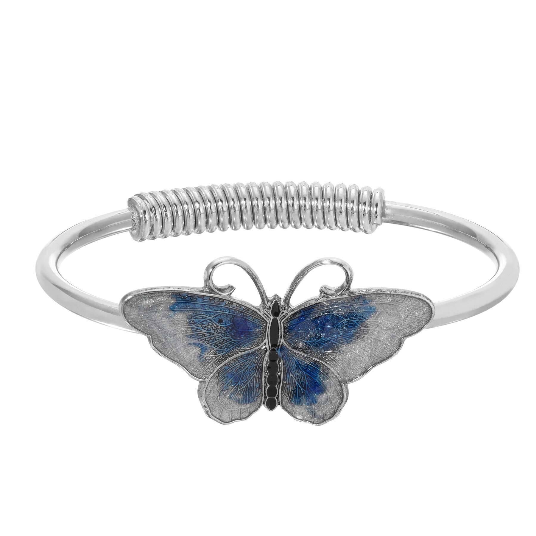 1928 Jewelry Butterfly's Dance Blue Enamel Spring Hinge Bracelet - Vintage Inspired Floral Bangle for Women - Perfect for Weddings, Parties & Everyday Elegance