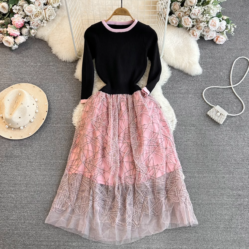 Vintage Long Sleeve Round Neck Knit A-Line Mesh Dress for Women - Fall Winter Fashion, Casual Party Wear, Office Outfit & Holiday Style