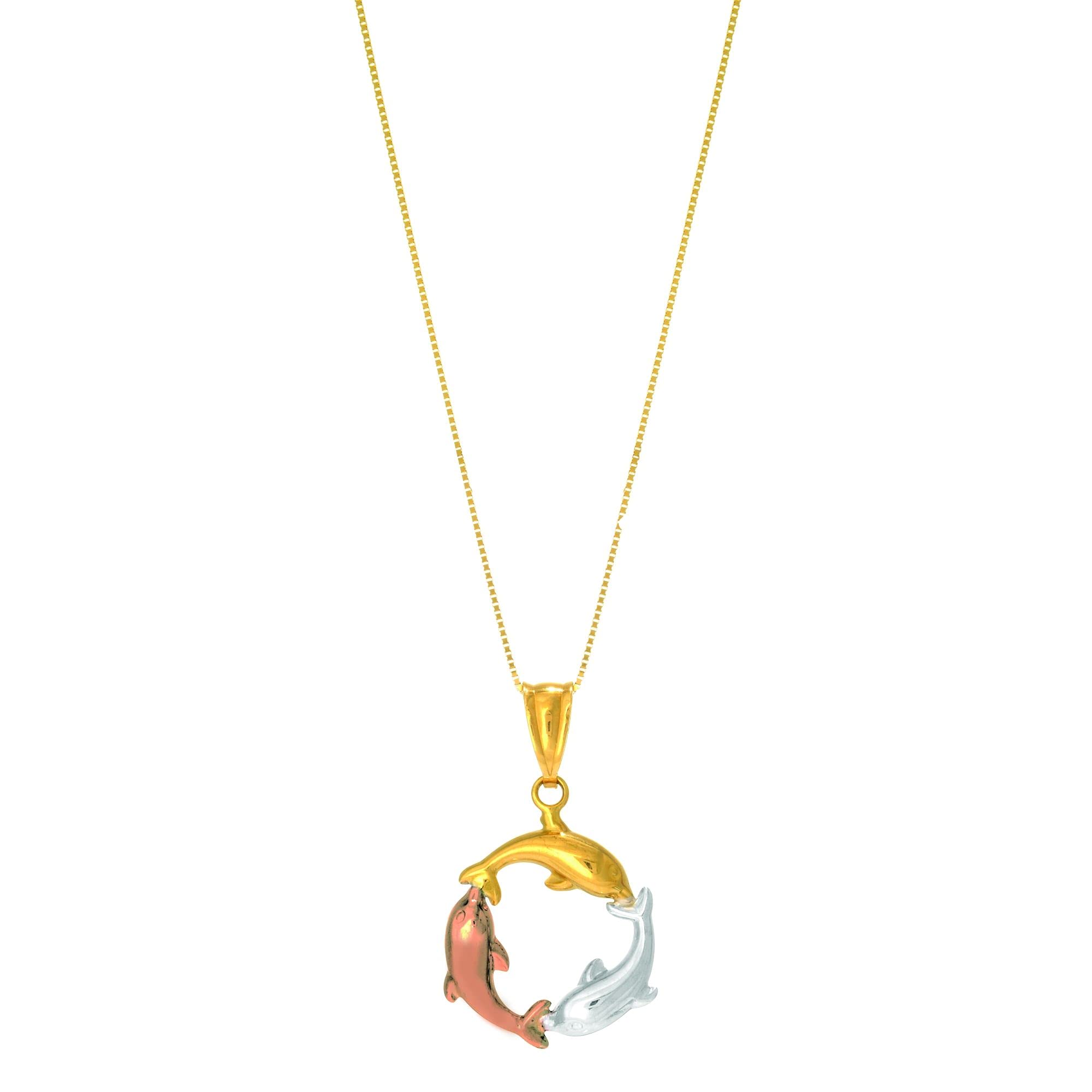 14K Gold Polished Sea Life Pendant Necklace for Women - 18 Inch Chain, 0.45mm Thickness, Tricolor Gold - Perfect for Beach Vacations, Summer Outfits & Gift Giving