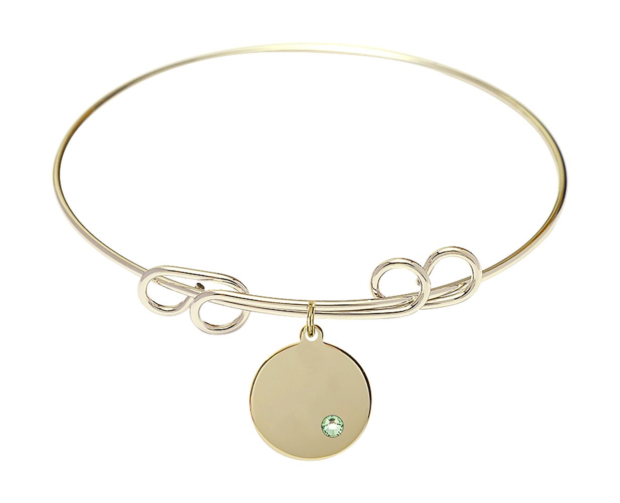8 Inch Round Double Loop Bangle Bracelet with Plain Disc Charm & August Green Crystal - Elegant Jewelry for Women, Perfect for Parties, Weddings, and Everyday Wear