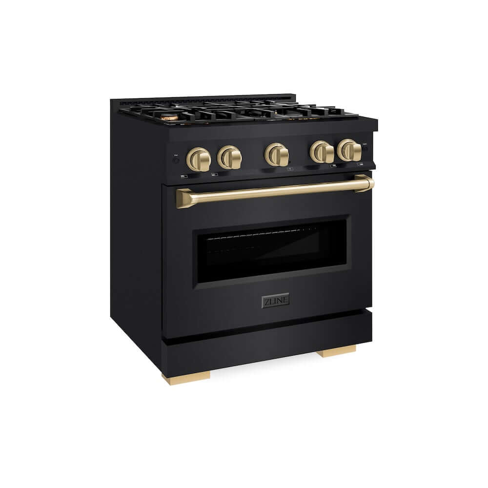 ZLINE Autograph Edition 30 Inch 4.2 cu ft Gas Range - 4 Burner Cooktop with Convection Oven - Black Stainless Steel & Champagne Bronze Accents (CGRBZ 30 CB) - Perfect for Modern Kitchens & Professional Home Chefs