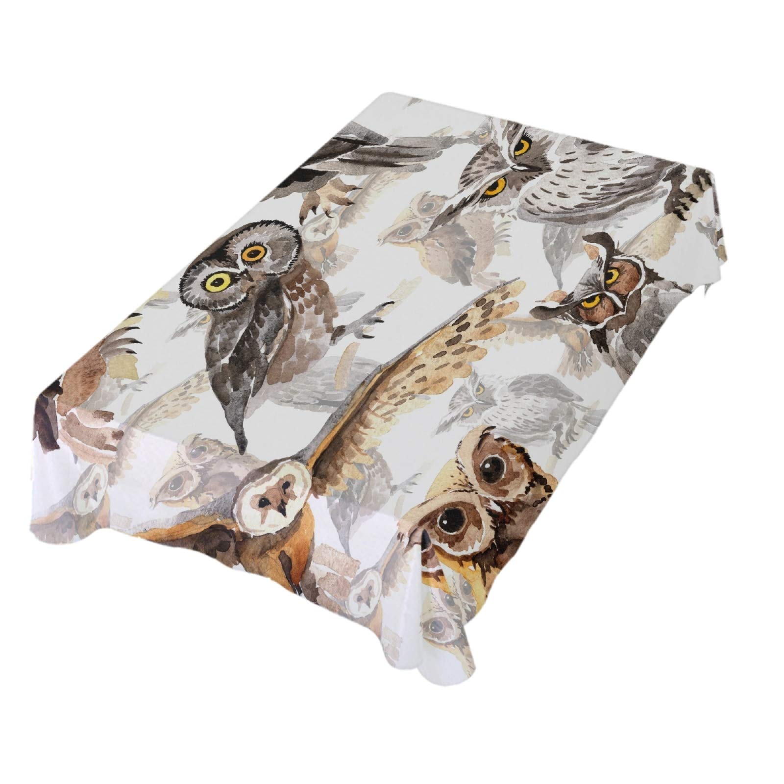 Owl Wildlife Watercolor Style Polyester Tablecloth 60x90 Inch - Rectangle Party Table Decor for Dinner, Birthday, Holiday & Special Events