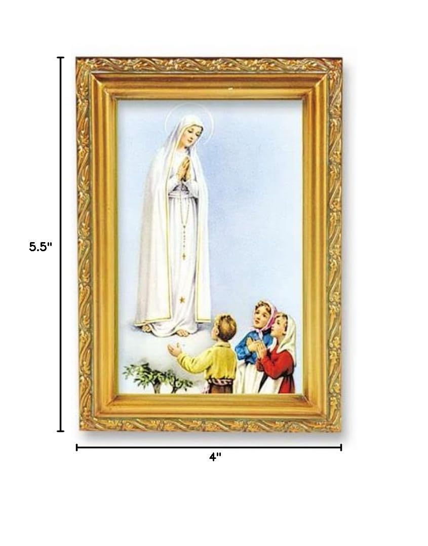 Our Lady of Fatima Framed Wall Art - Antique Gold Leaf Finish with Acanthus Leaf Edging - Religious Home Decor for Living Room, Bedroom & Prayer Space