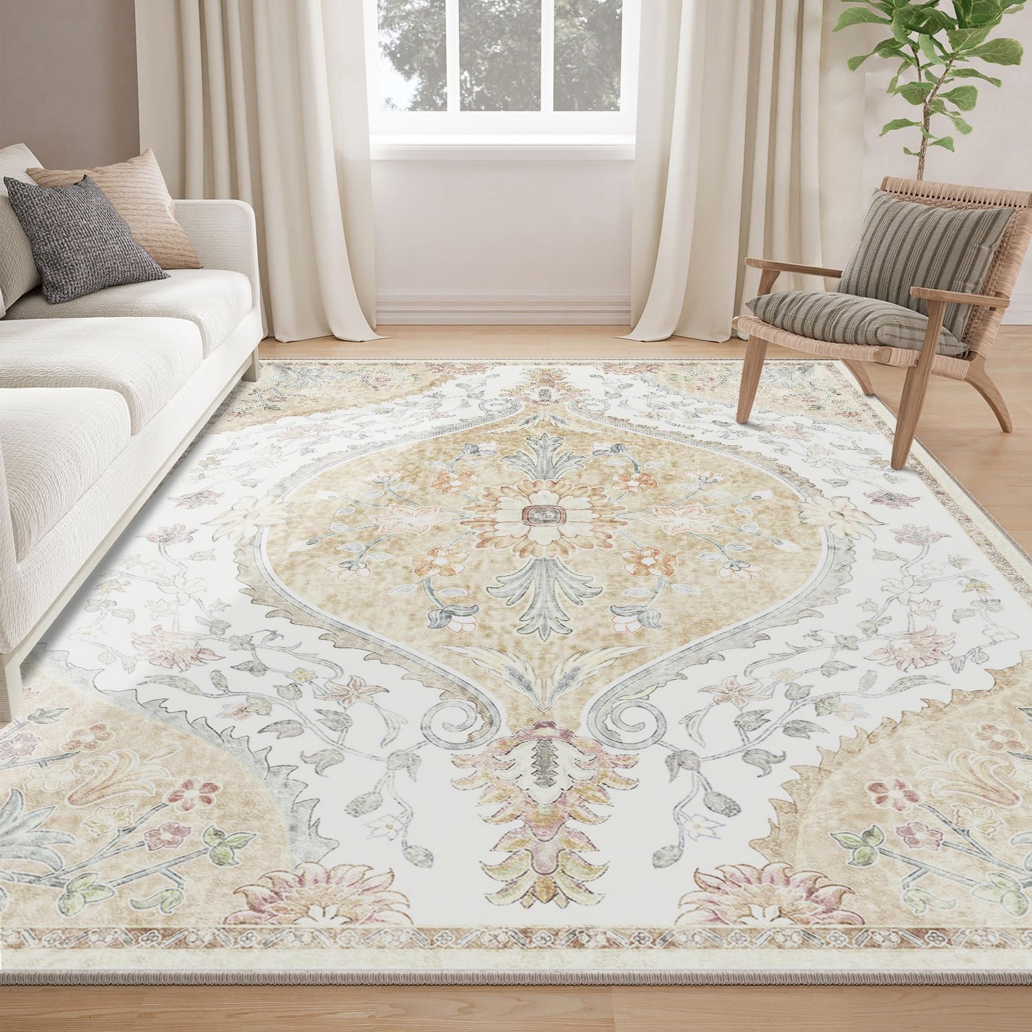 Vintage Boho Washable Printed Carpet Runner - Cream Yellow Multi-Color Custom Rug | Non-Slip Area Rug for Living Room, Bedroom & Entryway | Aegis Home Decor