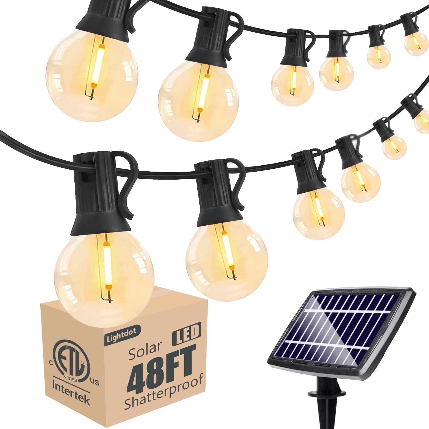 48FT Solar Outdoor String Lights - Waterproof 16 LED Shatterproof Bulbs, Dusk to Dawn Auto On/Off, 2700K Warm White Commercial Grade Cafe Lights for Patio, Bistro, Porch, Gazebo, Backyard, Pool - Perfect for Romantic Dinners, Wedding Decor & Outdoor Party Lighting