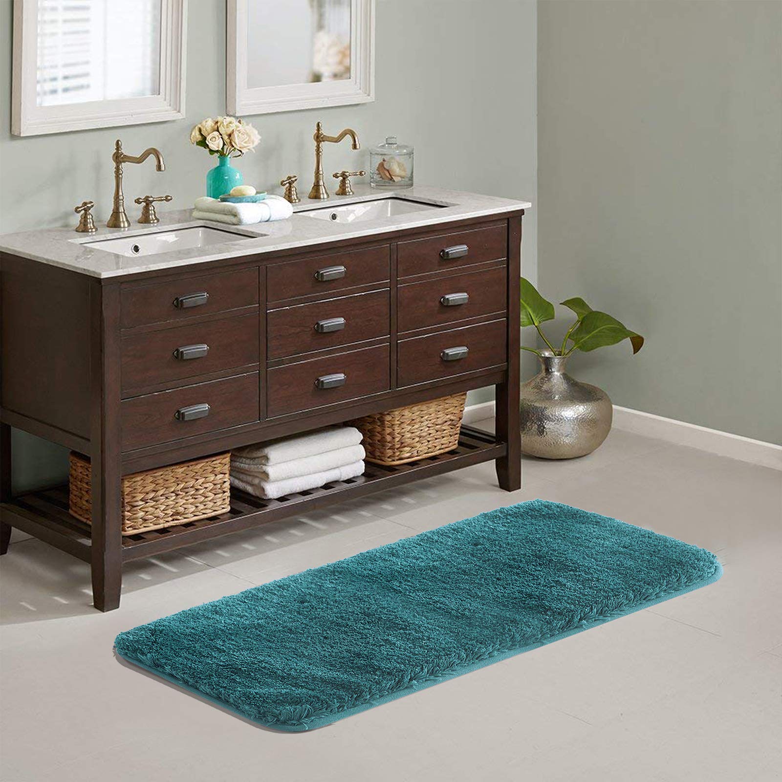 Extra Soft & Absorbent Shaggy Bathroom Rug - Non-Slip Microfiber Bath Mat with Rubber Backing, Machine Washable (24x60 Inches, Teal) - Perfect for Bathroom, Shower & Vanity Areas
