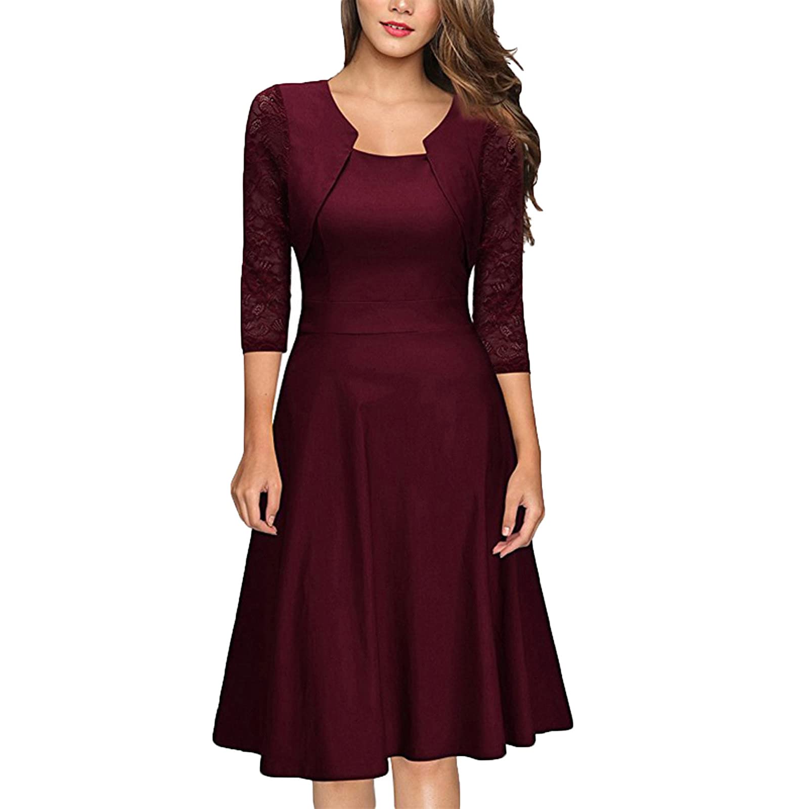 Elegant Women's 3/4 Lace Sleeve A-Line Midi Dress for Cocktail Party, Wedding Guest & Formal Occasions - Perfect for Evening Events, Bridal Showers & Special Celebrations