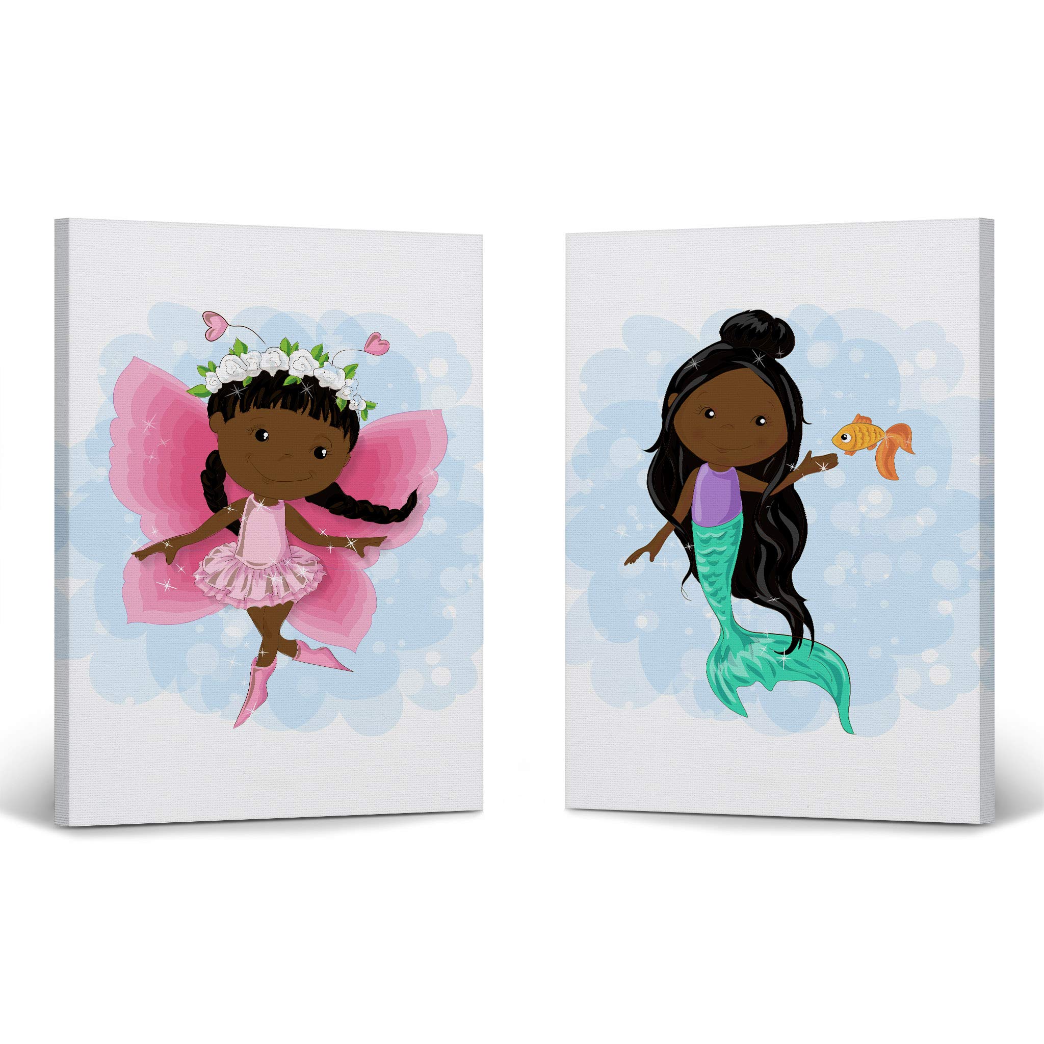 African American Fairy & Mermaid Canvas Wall Art Set - 2 Panel Nursery Decor for Kids Room, Baby Room - Ready to Hang 28x19 Inches - Made in USA | Perfect for Children's Bedroom, Playroom & Nursery Decorations