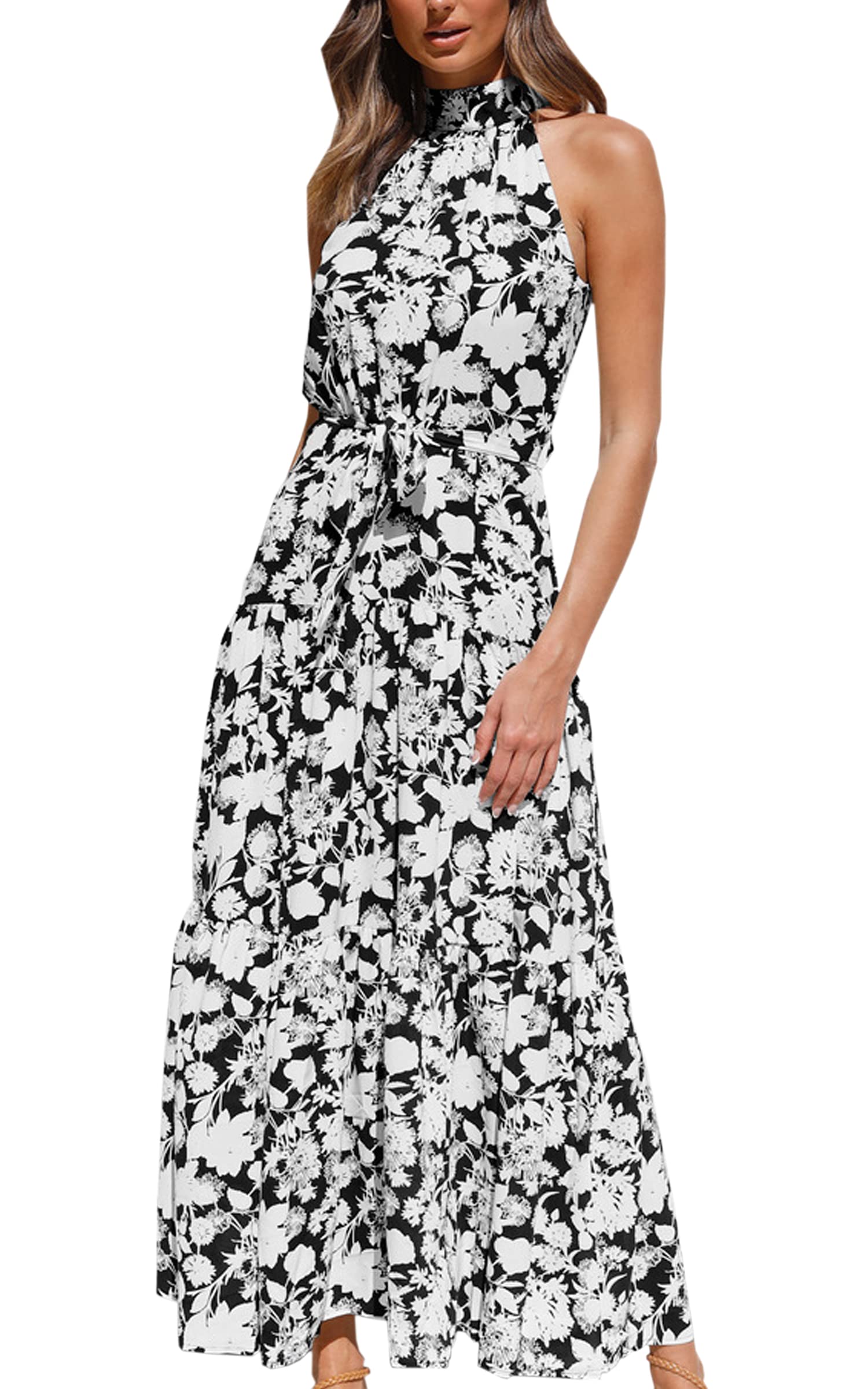 ECOWISH Women's Summer Dresses 2023 - Boho Floral Maxi Sun Dress with Halter Neck | Flowy Beach & Party Dress for Prom, Vacation & Special Occasions