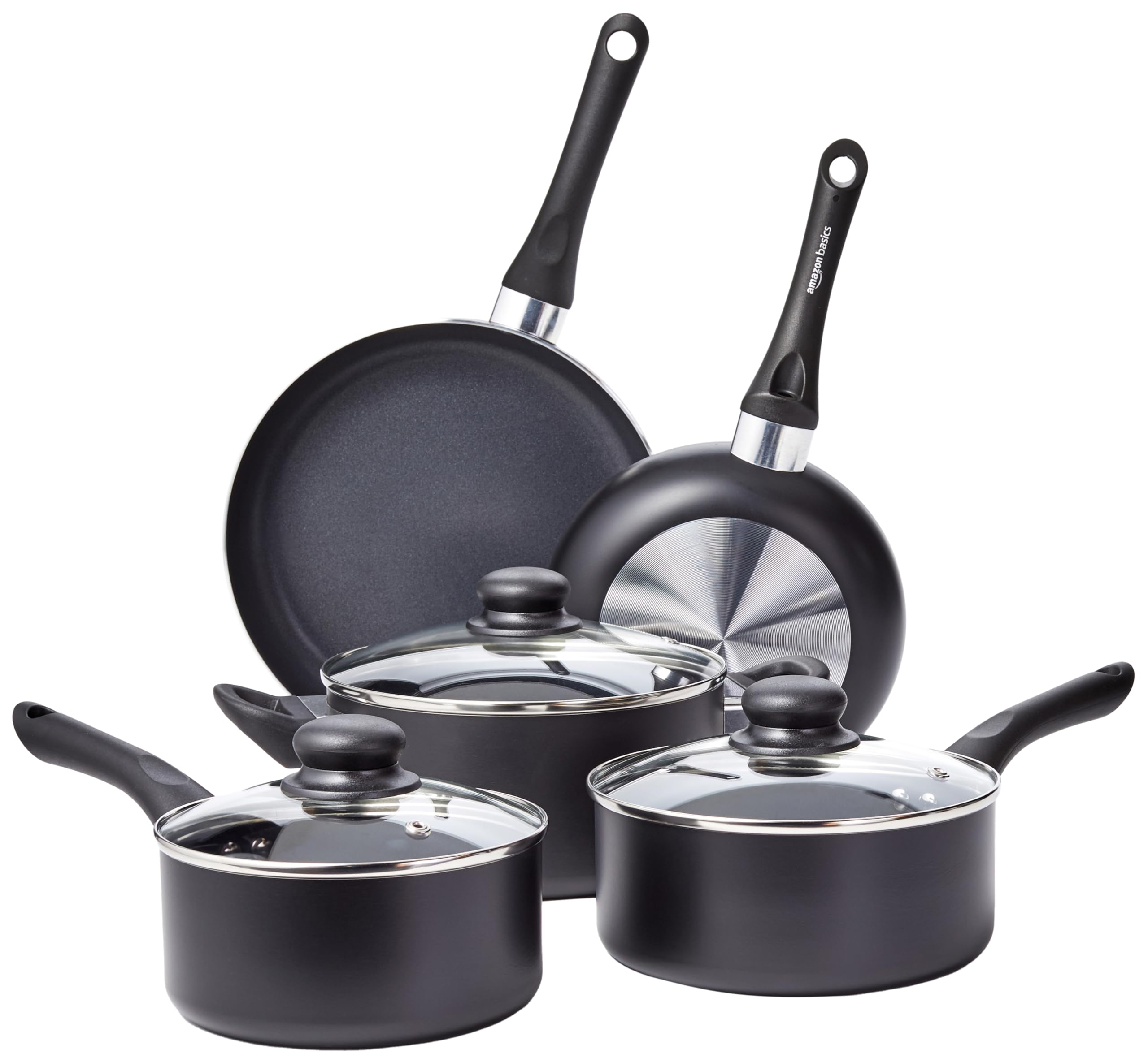 Amazon Basics Non Stick Kitchen Cookware 8-Piece Set - Pots & Pans with Stay-Cool Handles, Dishwasher Safe, Black - Perfect for Frying, Boiling & Everyday Cooking