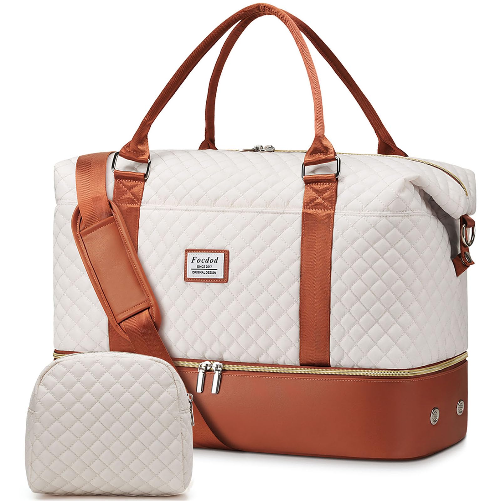 Women's Travel Weekender Duffle Bag with Shoe Compartment & Wet Pocket - Large Carry-On Overnight Bag with Toiletry Organizer - Perfect for Weekend Getaways, Hospital Visits, and Labor Delivery (Beige Brown)
