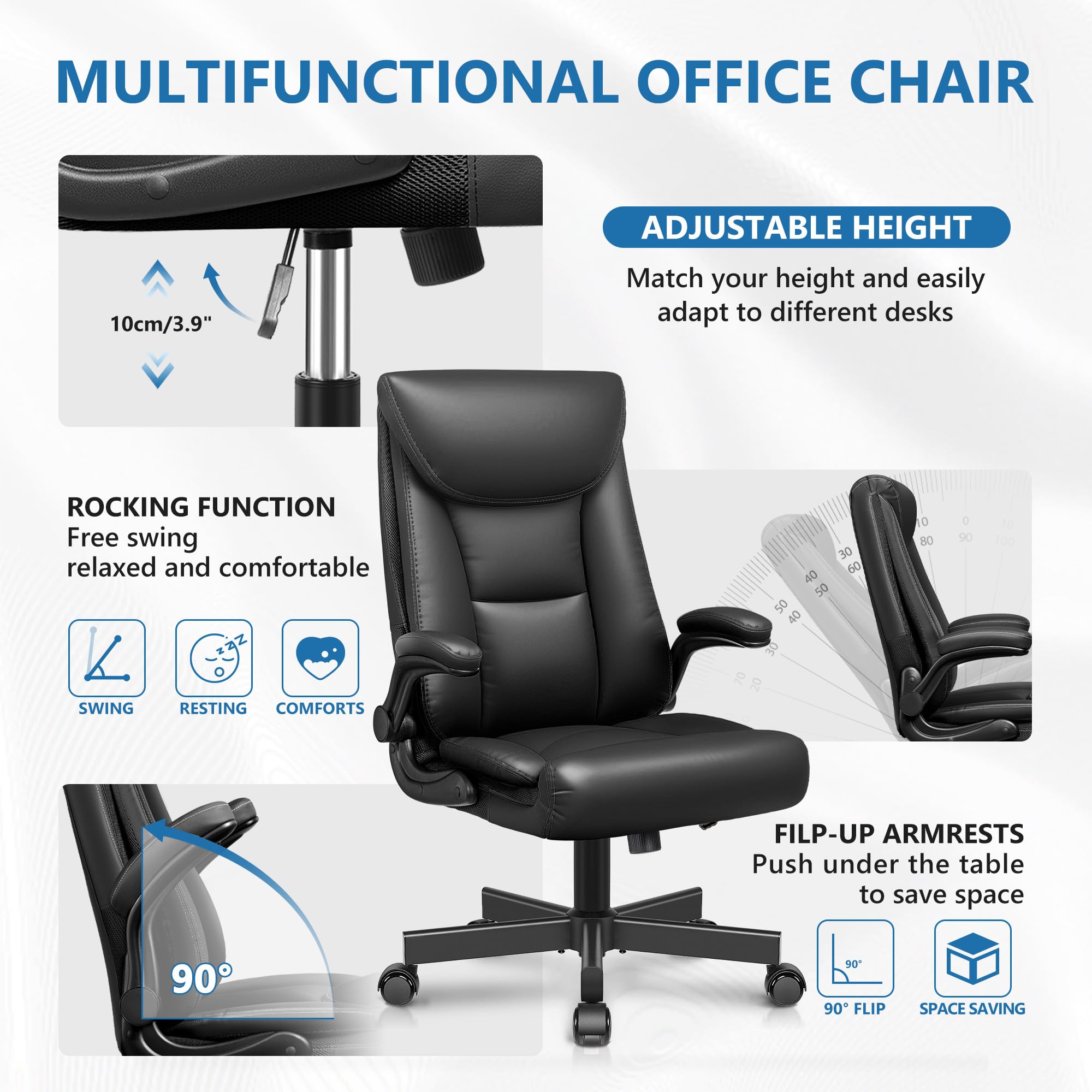Premium Ergonomic Executive Office Chair - High Back Leather Desk Chair with Adjustable Flip-Up Arms, Lumbar Support & Rocking Function for Big & Tall Users (Black) - Perfect for Home Office, Gaming & Professional Workspaces