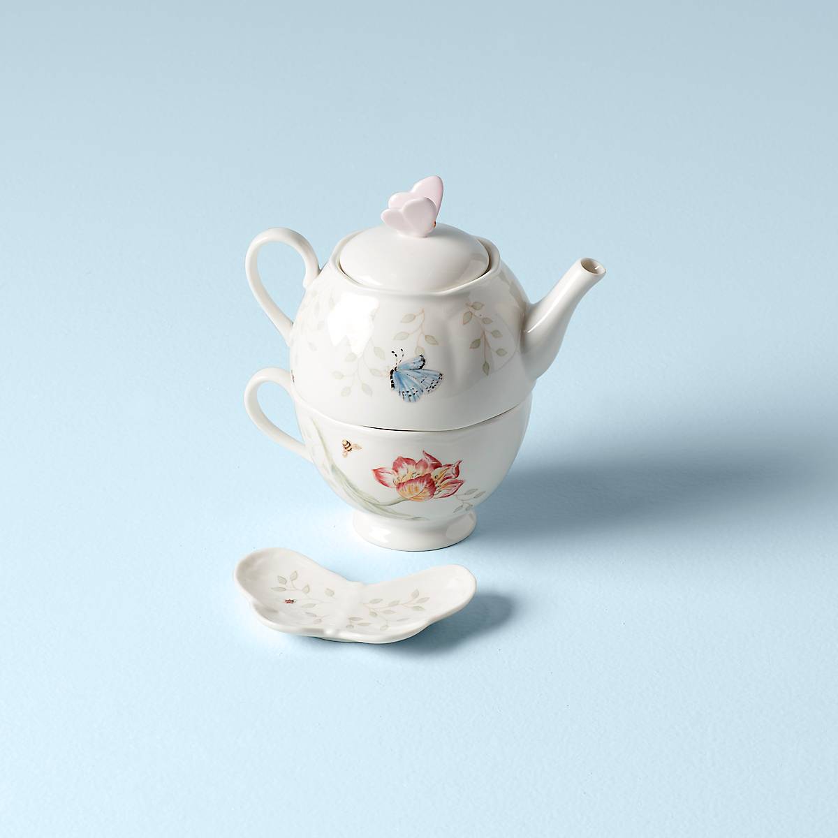 Butterfly Meadow 3-Piece Porcelain Tea Set - Floral Tea Cups with Saucers & Teapot for Afternoon Tea, Garden Parties & Home Decor