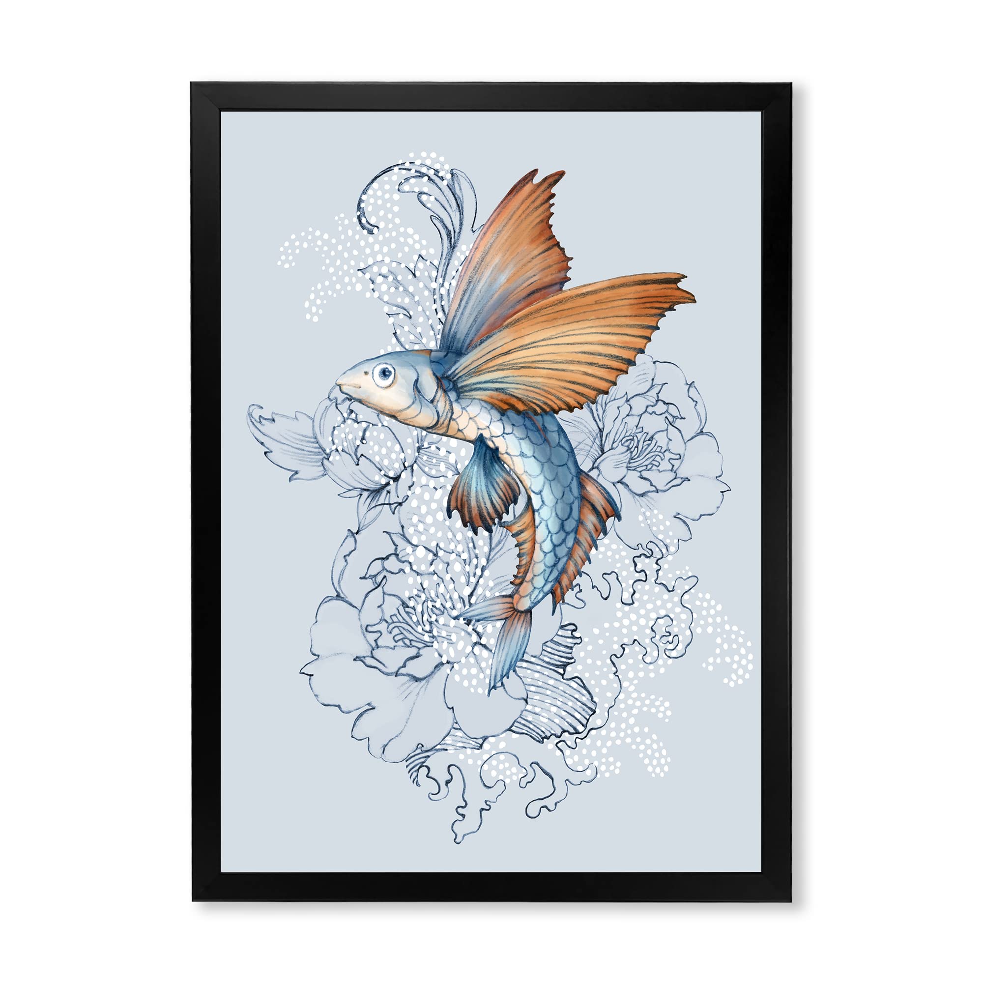 DesignQ Flying Fish On Peonies Traditional Chinese Framed Wall Art - Elegant Home Decor for Living Room, Bedroom & Office