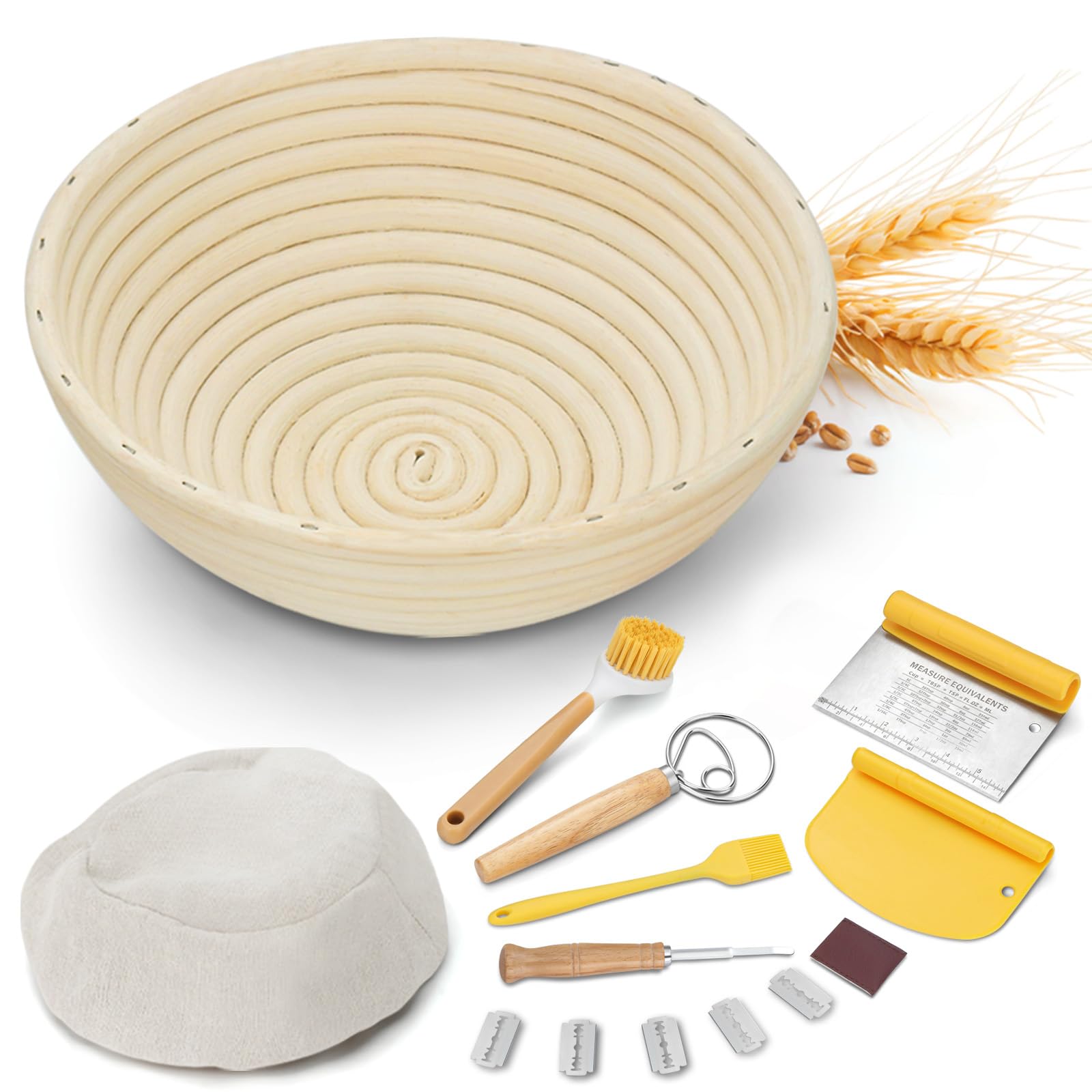 Premium 9-inch Round Banneton Bread Proofing Basket - 7-Piece Sourdough Starter Kit for Artisan Bread Baking | Perfect for Homemade Sourdough, Baguettes & Bakery-Style Loaves | Essential Bread Making Tools for Beginners & Professionals
