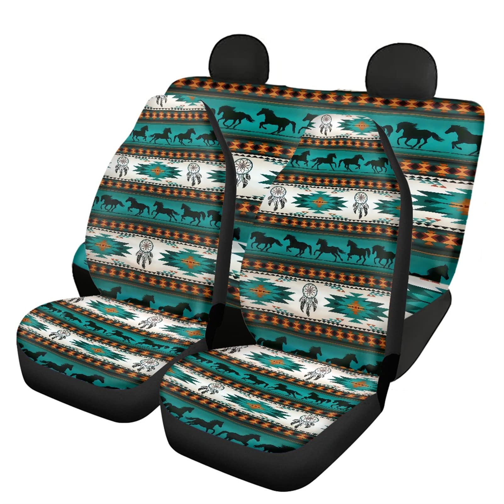 Frestree Southwestern Native American Car Seat Cover Set - 4-Piece Front & Rear Split Bench Cushion Protector with Tribal Aztec Horse Print | Universal Fit for Most Vehicles | Protect Seats from Wear & Spills | Perfect for Road Trips & Daily Commutes