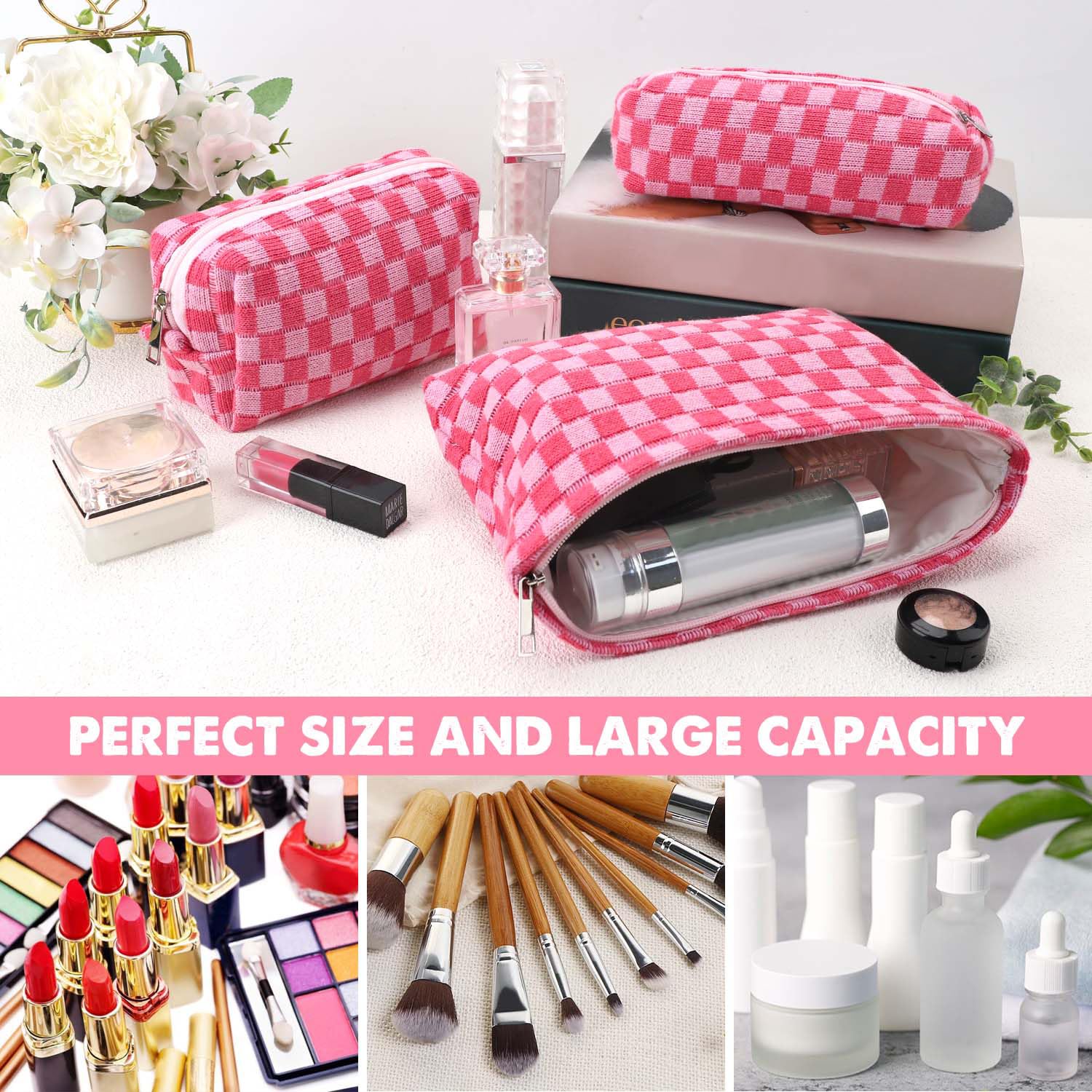 3-Piece Checkered Makeup Bag Set for Women & Girls - Large Capacity Cosmetic Organizer, Travel Toiletry Pouch, Bathroom Storage (Rose Red) | Perfect for Travel, Gym, Daily Use & Gift Giving