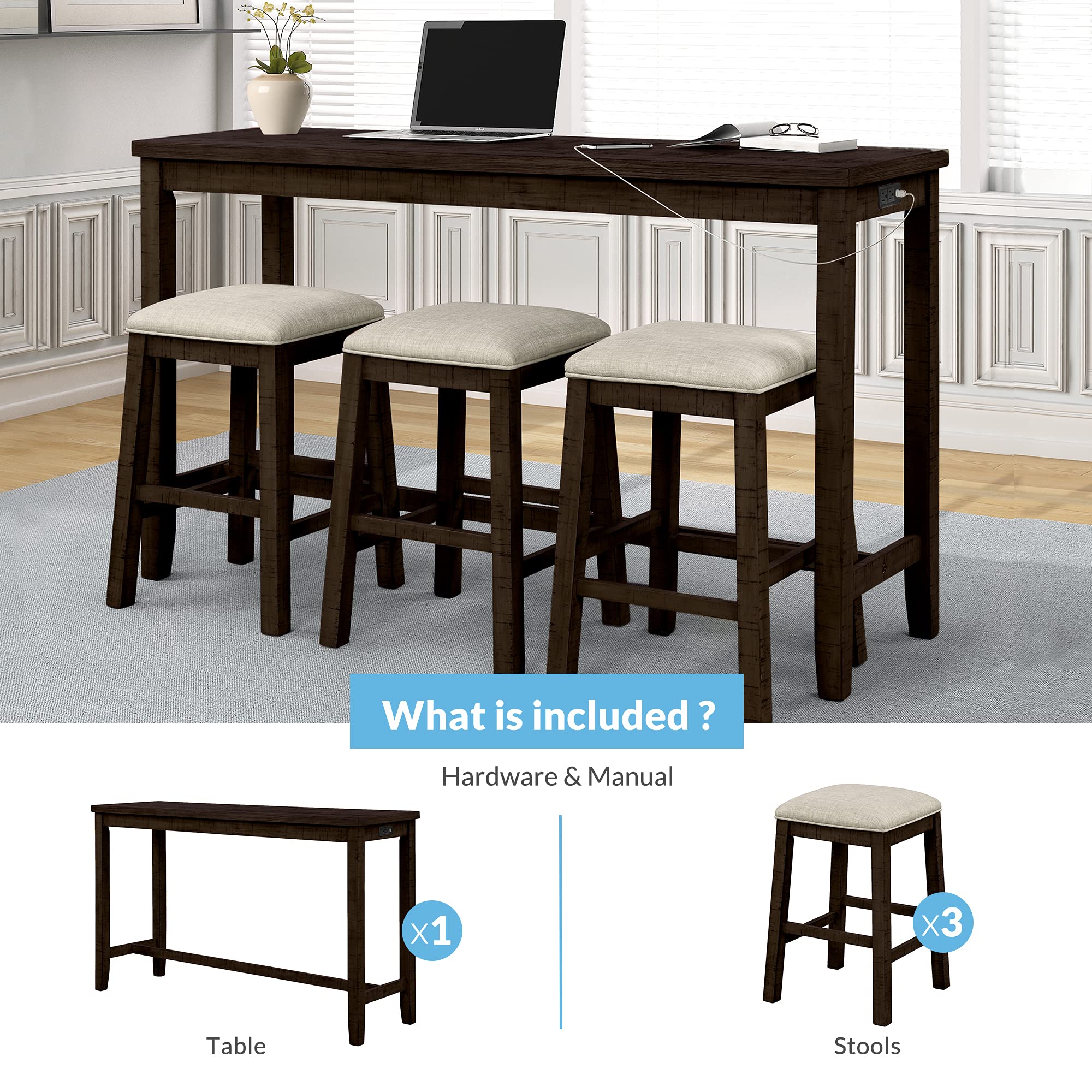 4-Piece Counter Height Dining Table Set with USB Socket & Fabric Padded Stools - Rustic Brown Bar Height Table for Kitchen, Breakfast Nook, Home Office or Small Space Dining - Perfect for Eating, Working & Studying