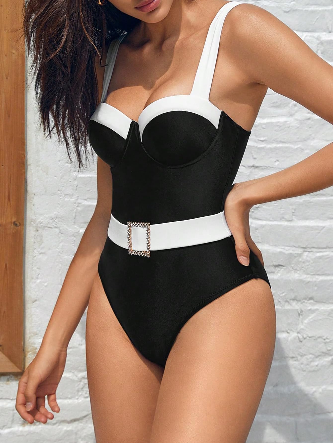 Women's Push Up Swimsuit - Colorblock Belted One Piece for Beach & Pool