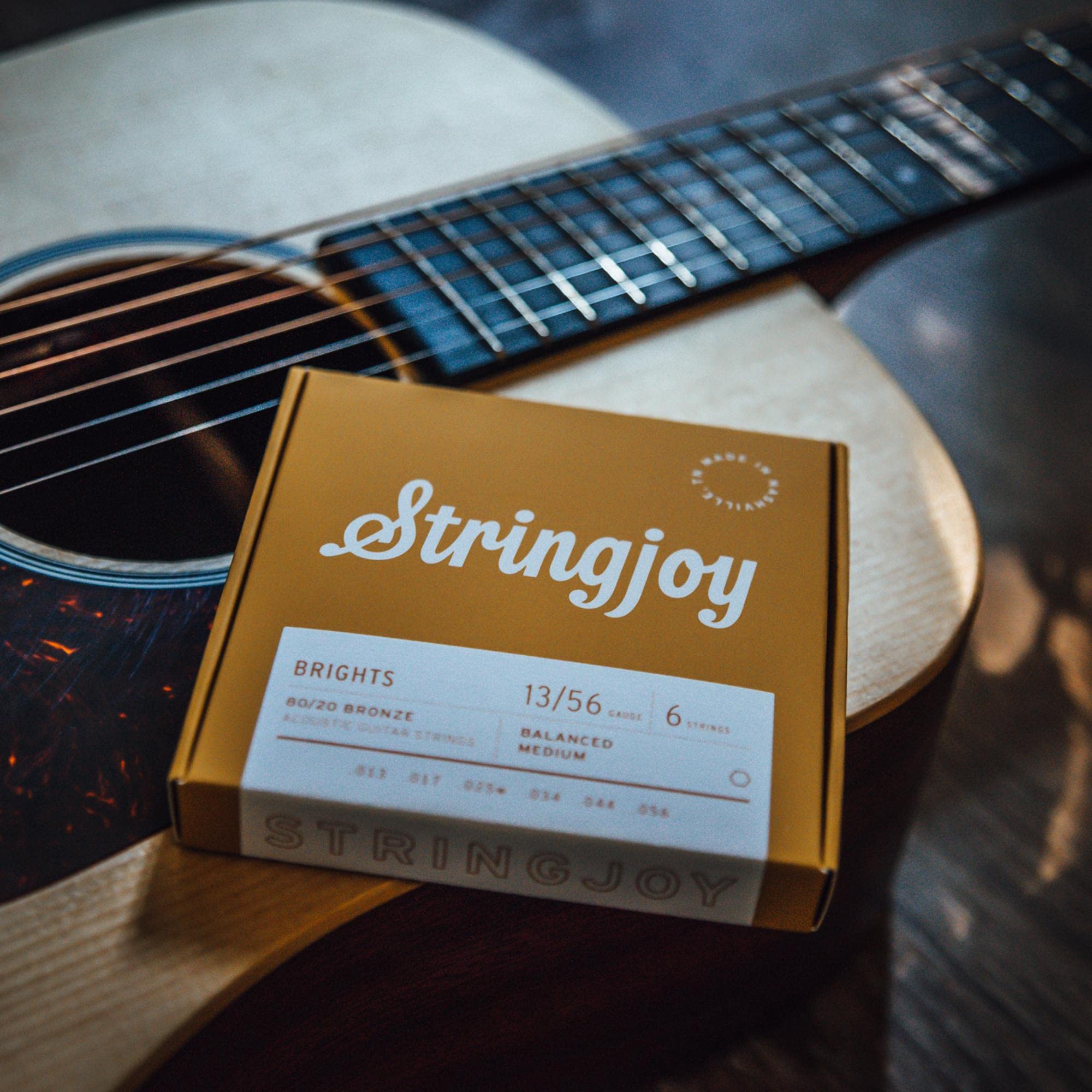 Stringjoy BB1356 Brights 80/20 Bronze Acoustic Guitar Strings - Medium Gauge (13-56) for Warm Tone & Longevity | Perfect for Folk, Country & Fingerstyle Playing