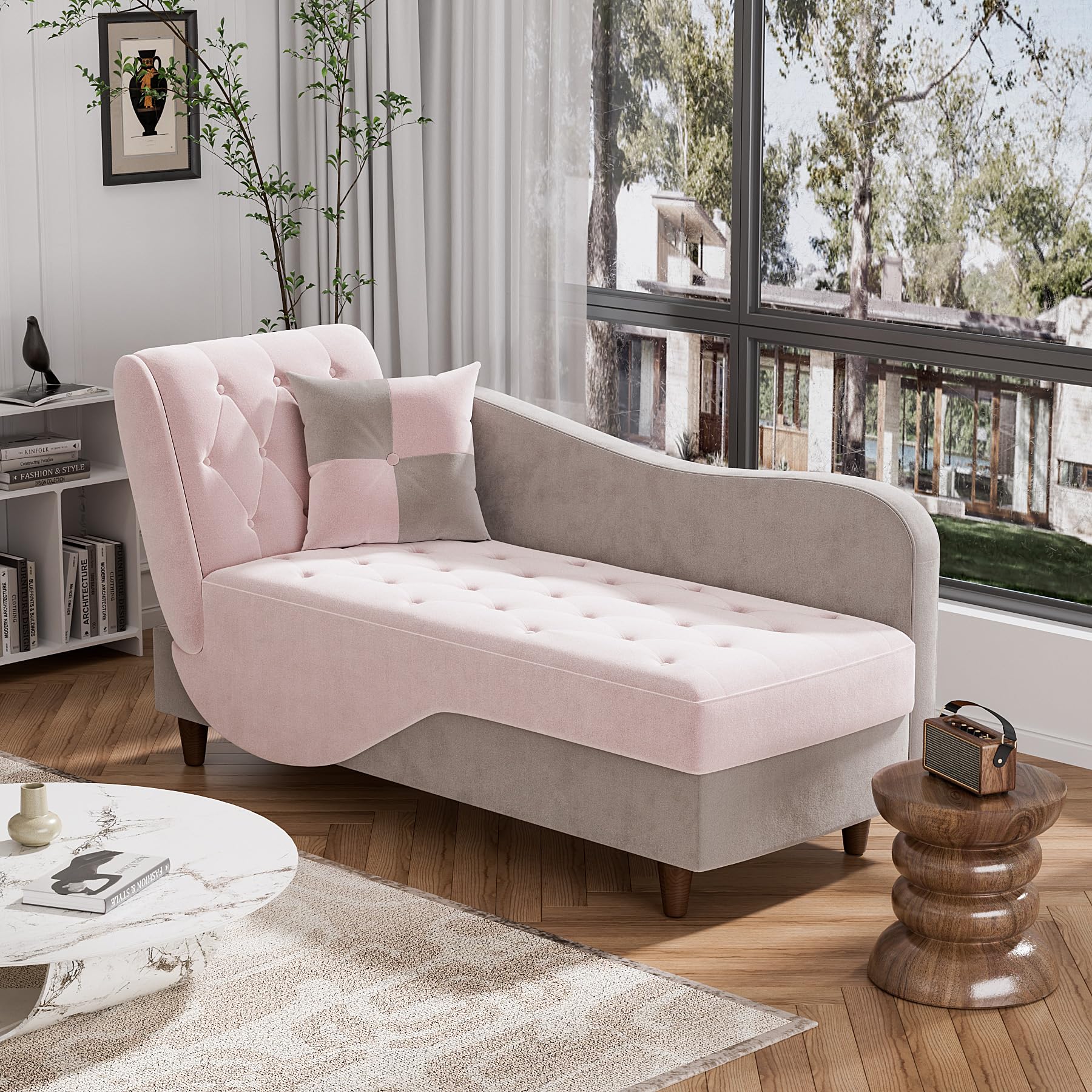 OUYESSIR Velvet Upholstered Adjustable Chaise Lounge Sofa with Storage & Pillow - Button Tufted Recliner for Living Room, Bedroom, Office (Pink/Gray) - Perfect for Small Space, Reading Nook & Home Theater Seating