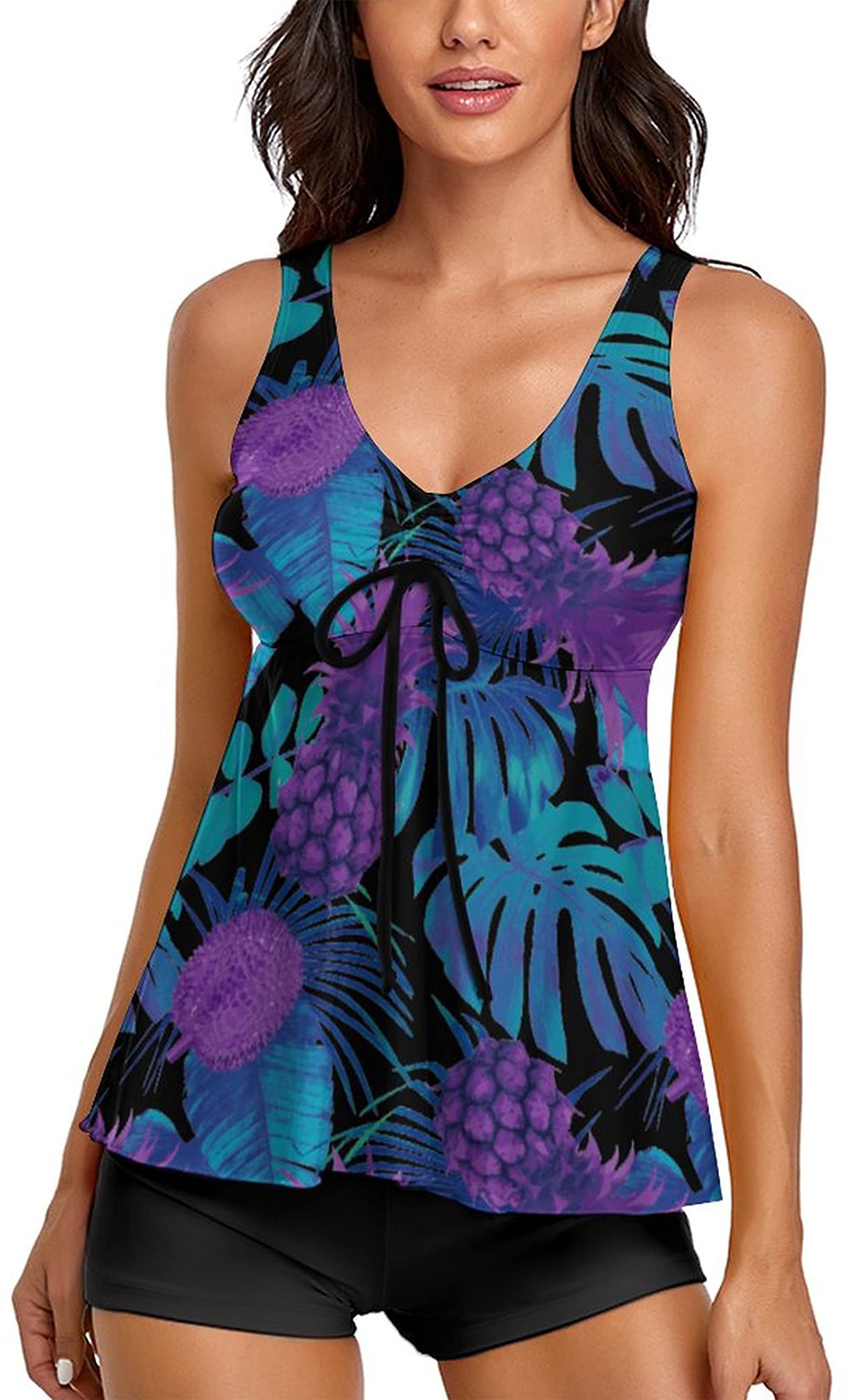 Women's Floral Print Modest Tankini Swimsuits - Two Piece Bathing Suit with Tank Top & Boyshorts | Beachwear, Pool Party & Vacation Outfit