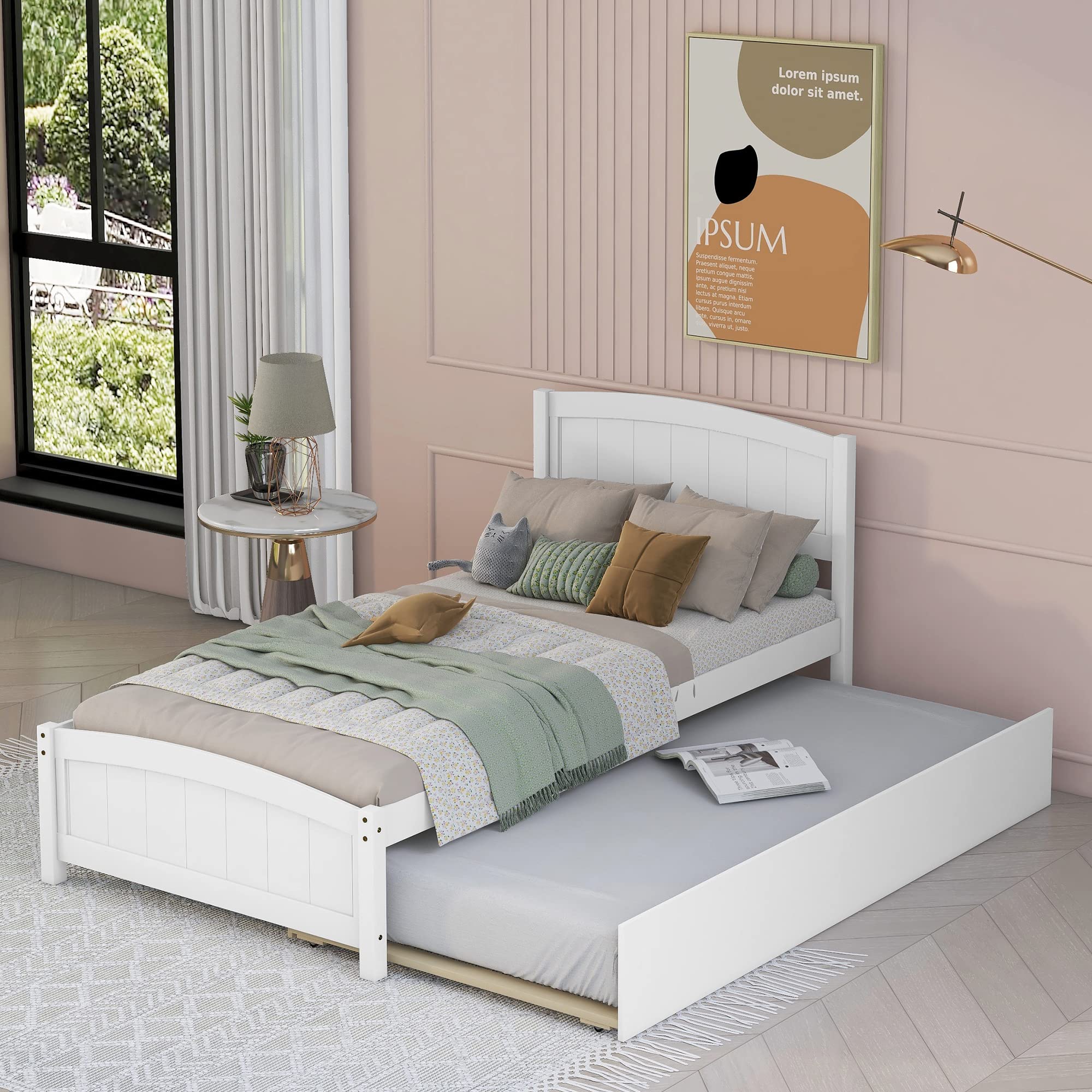 Harper & Bright Designs Twin Bed Frame - Solid Wood Platform Bed with Trundle, Headboard & Footboard | Wood Slat Support | White Finish | Perfect for Kids Rooms, Guest Rooms & Small Spaces