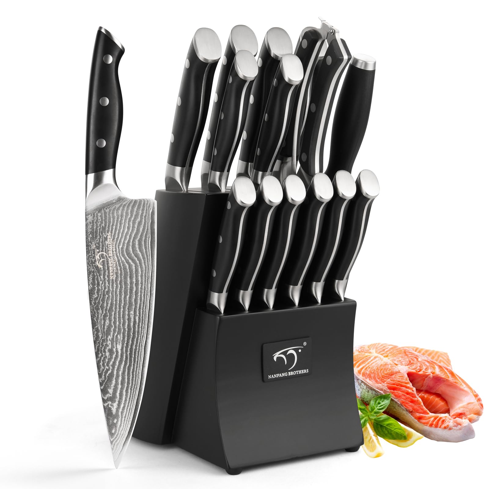 Premium Damascus Steel Kitchen Knife Set - 15-Piece Chef Knife Collection with Wooden Block, Ergonomic ABS Handles, Steak Knives, Knife Sharpener & Shears - Perfect for Home Chefs & Professional Cooking