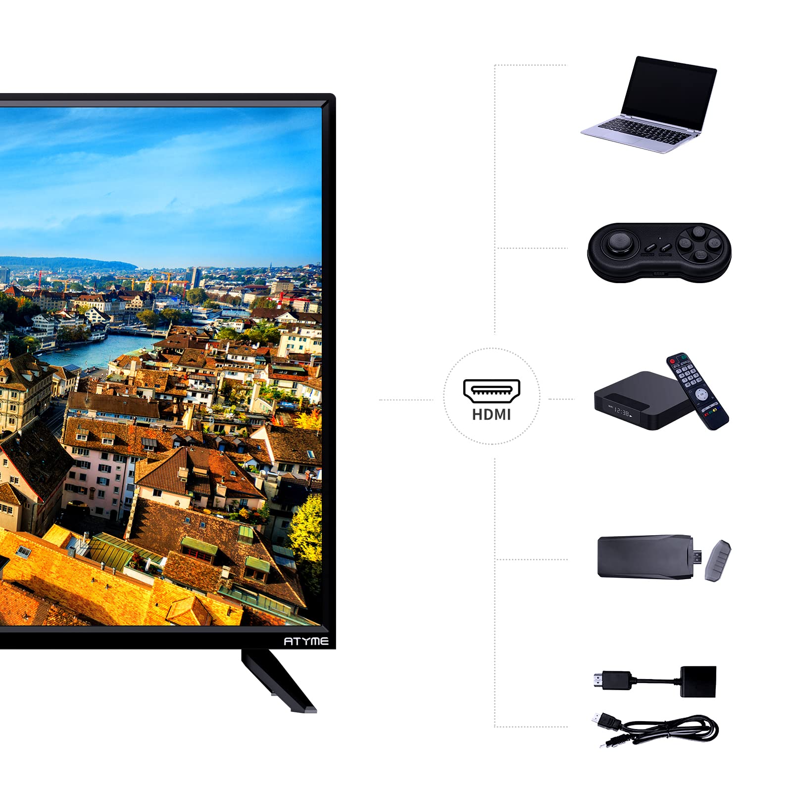 ATYME 32-inch 720p HD LED TV - Flat Screen Smart Television with 3 HDMI Ports, USB, VGA & ARC | Dual 8W Speakers for Bedroom, Kitchen or Dorm | Energy Efficient 60Hz Monitor (Model 320GM5HD)