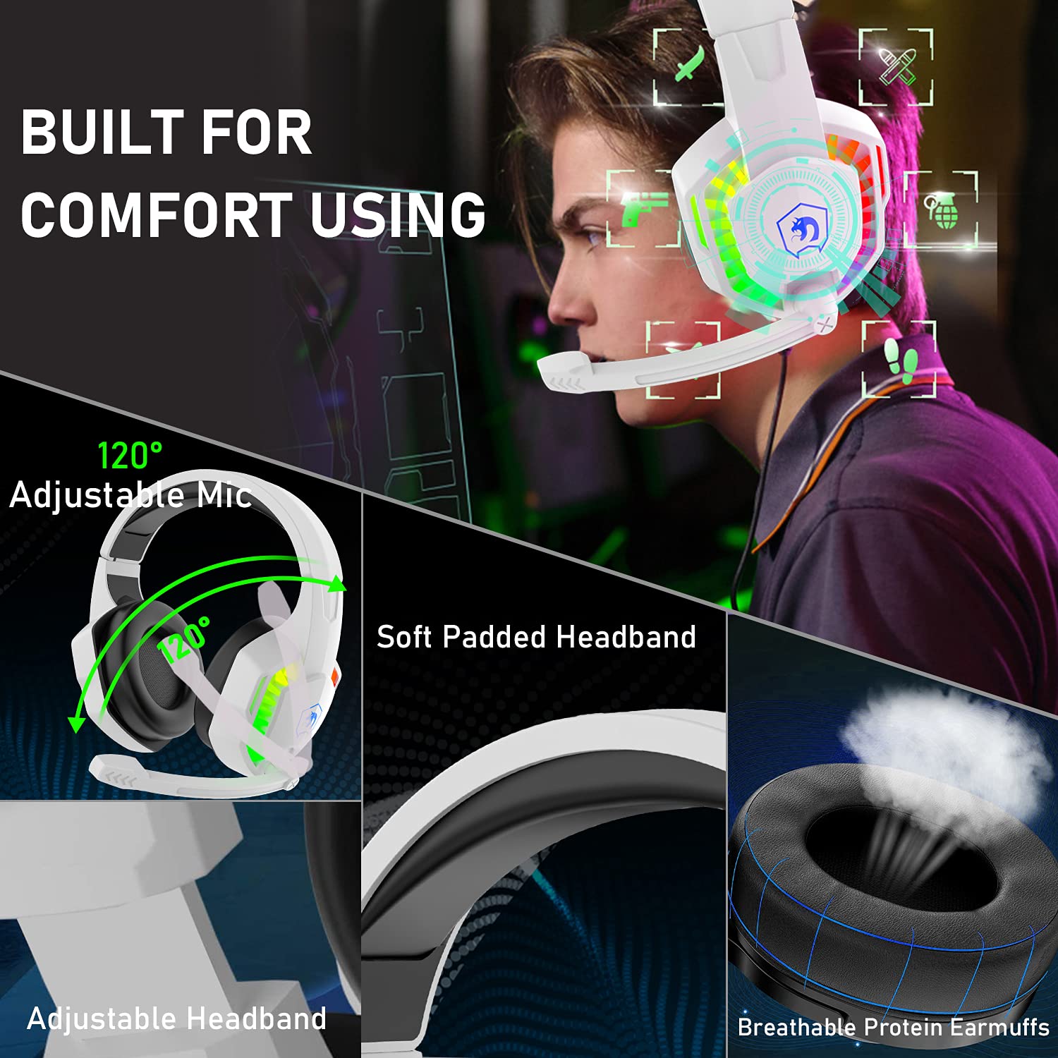 RGB Gaming Headset with 5.1 Channel Stereo Surround Sound - Wired Over-Ear Headphones with LED Lights, Noise Cancelling Mic & Volume Control for PC, PS5, Xbox, Laptop, Mac, Smartphone (White) - Perfect for Gaming, Streaming & Online Meetings