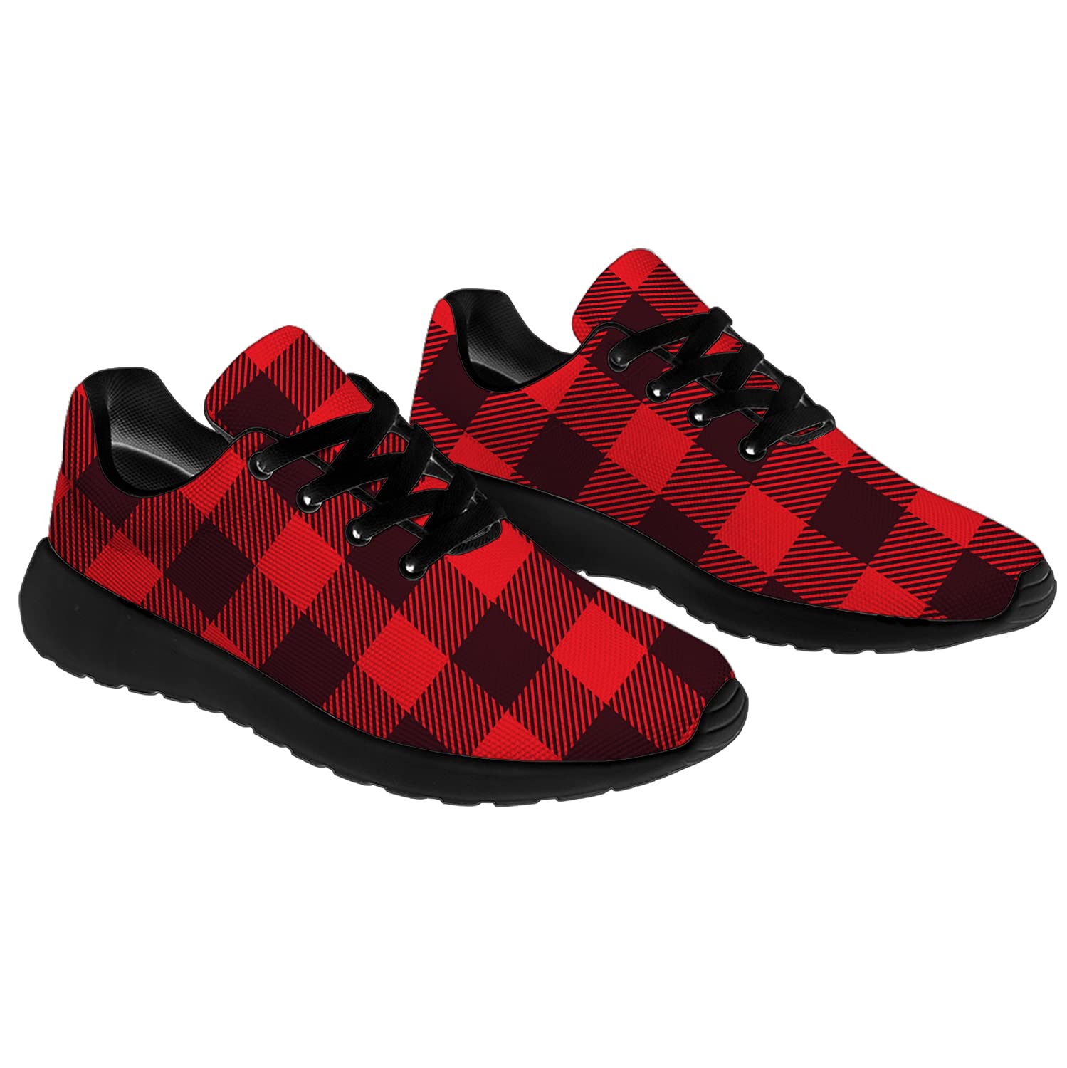 Men's & Women's Buffalo Plaid Running Shoes - Black Red Tartan Check Sneakers for Walking, Tennis & Casual Wear - Size 13 Men/15.5 Women - Perfect Gift for Boys & Girls