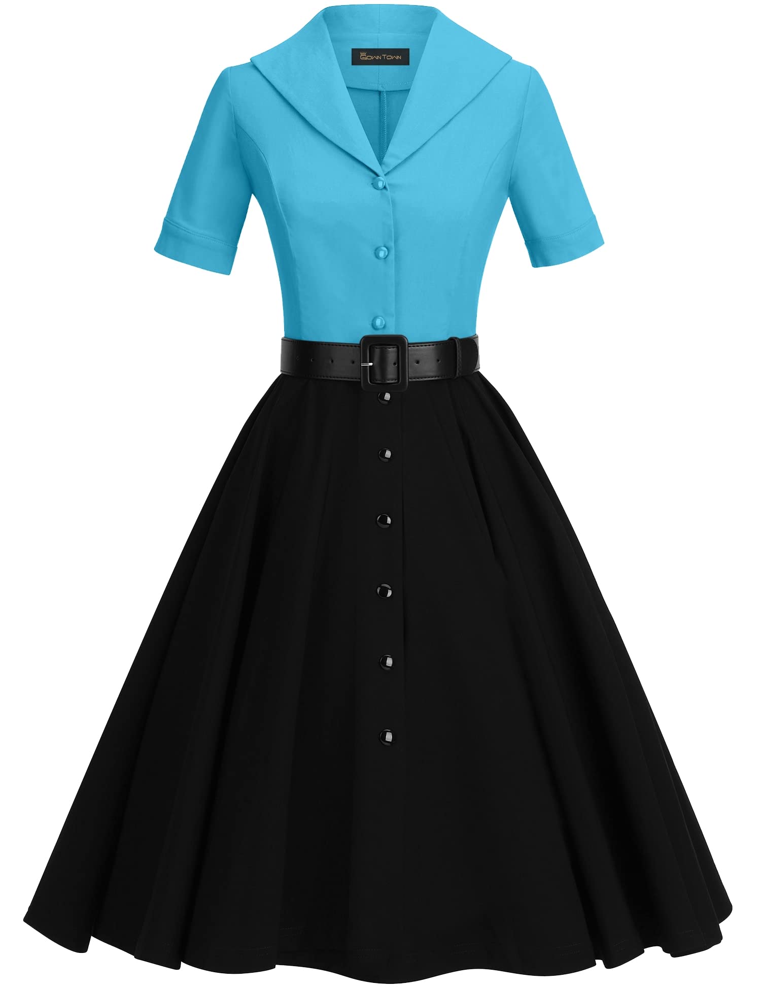 GownTown 1950s Vintage Women's Midi Shirt Dress with Belt - Elegant Cocktail Party Dress for Women, Perfect for Wedding Guest, Office Wear & Date Night Outfits