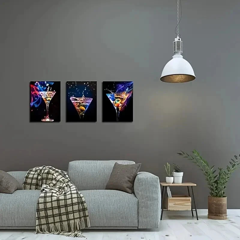 3-Piece Sparkling Wine & Cocktail Metal Wall Art Prints - Ready to Hang Bar Decor for Home, Kitchen & Party Entertaining
