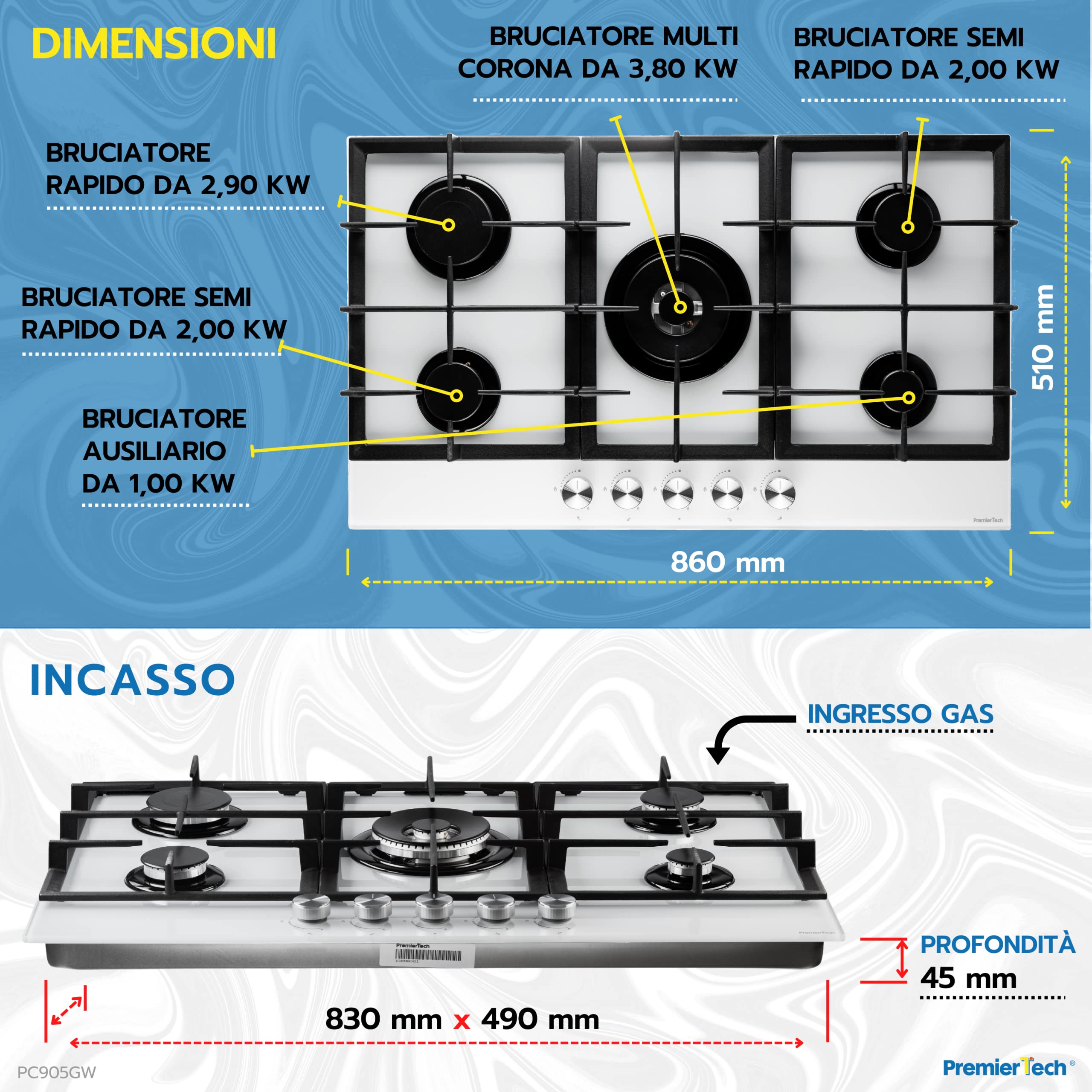 PremierTech 36 Inch 5 Burner Gas Cooktop with Cast Iron Grates - Professional Wok Compatible, White Glass Surface for Modern Kitchens