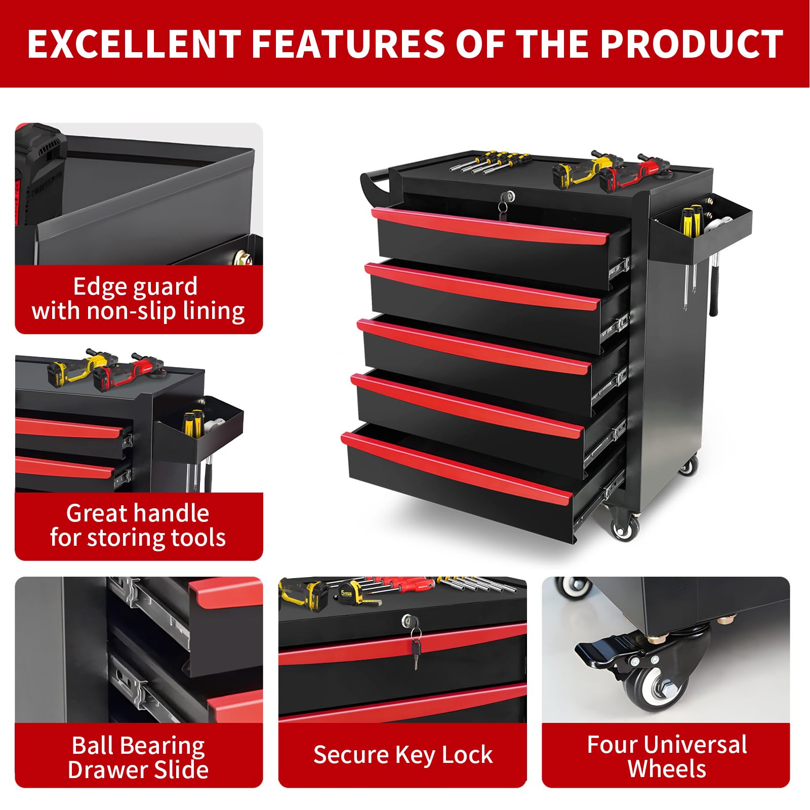 5-Drawer Rolling Tool Chest with Wheels & Lock - Heavy Duty Garage Storage Cabinet, Mobile Tool Cart for Workshop, Warehouse & Repair Shop - Perfect for Tool Organization, DIY Projects & Professional Mechanics