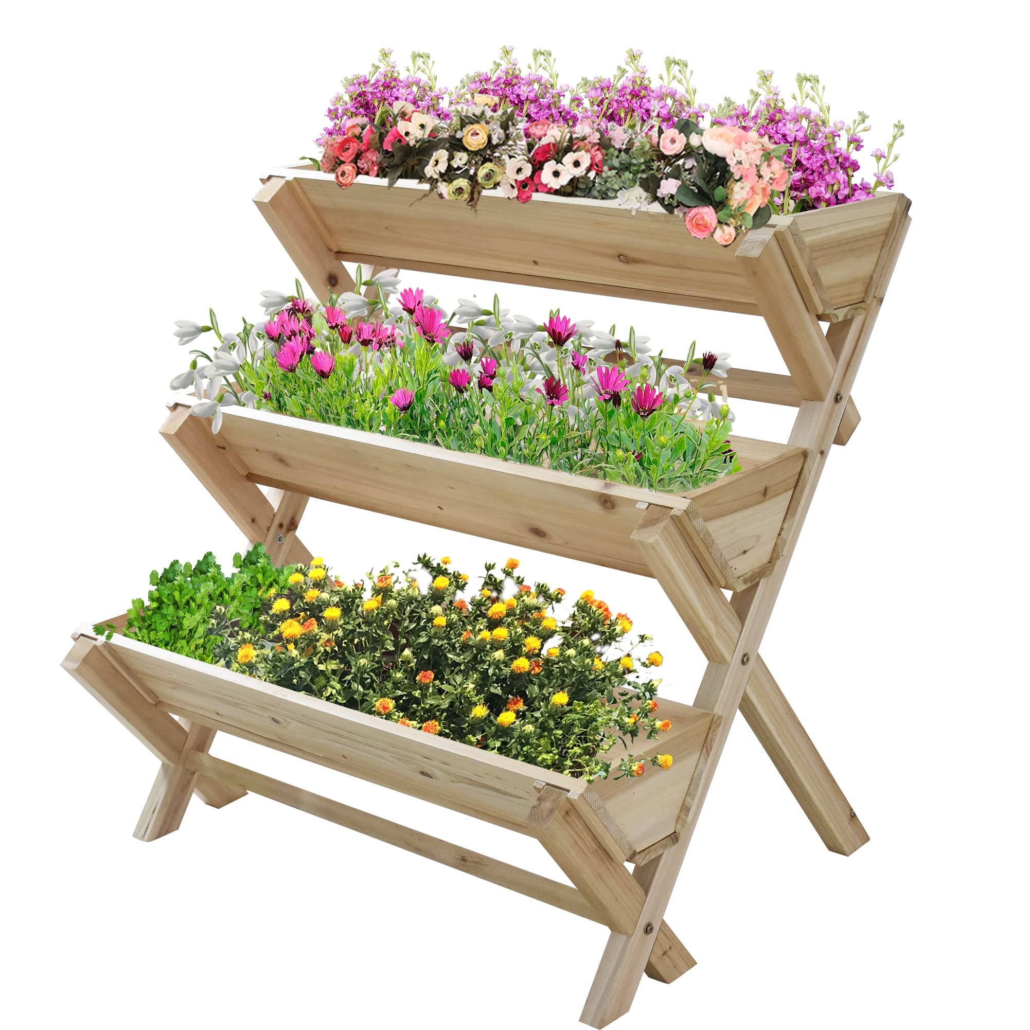 Raised Garden Bed Wood Flower Stand - Freestanding Indoor & Outdoor Plant Rack for Patio, Yard, Deck - Natural Wood Planter Box for Herbs, Vegetables, Flowers Gardening