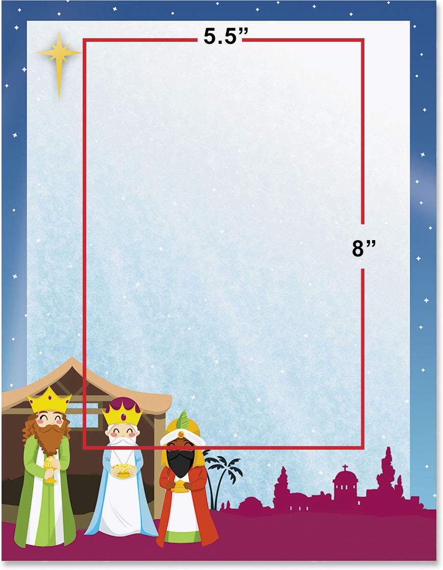 Premium Christmas Holiday Stationery Set - Wisemen's Journey Winter Theme Border Paper & Letterhead (8.5 x 11, 100 Sheets) Elegant Decorative Writing Paper for Festive Cards, Seasonal Letters & Holiday Office Use
