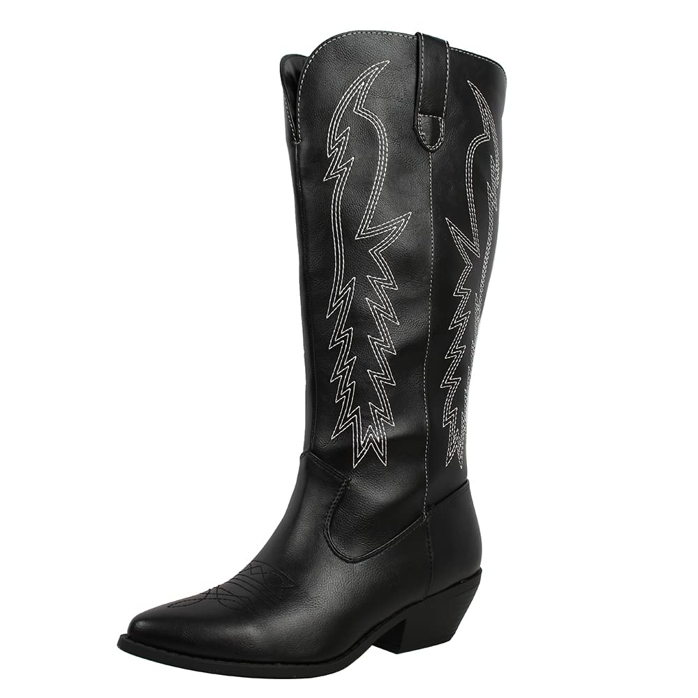 Women's Faux Leather Cowboy Boots Knee High with Stitching - Western Style Riding Boots for Country, Rodeo & Fashion Outfits