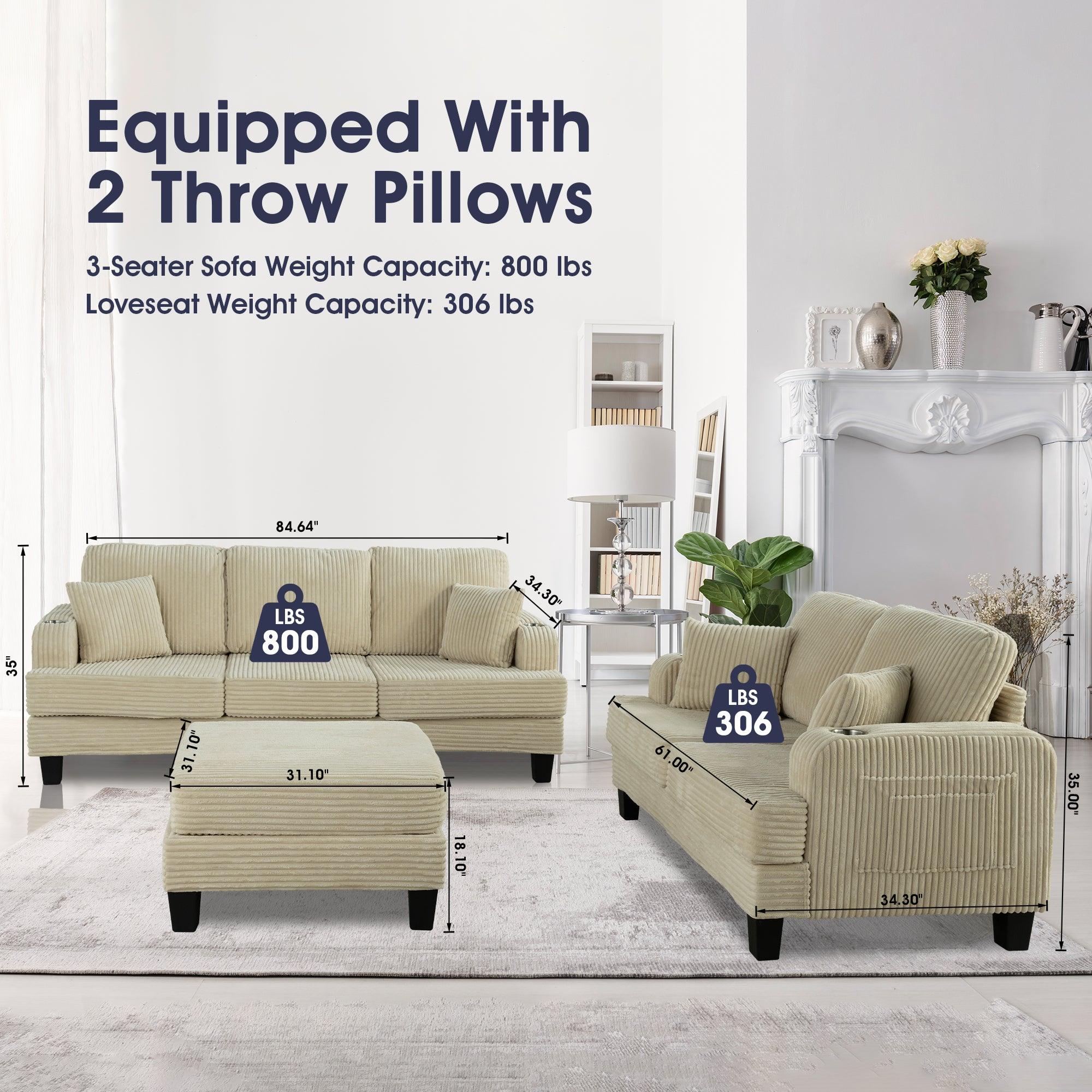 Beige 3-Piece Sectional Sofa Set with Storage Ottoman - 3-Seater Couch & Loveseat for Living Room, Includes USB Charging Ports, Side Pockets & Throw Pillows - Perfect for Family Gatherings, Movie Nights and Small Space Apartments