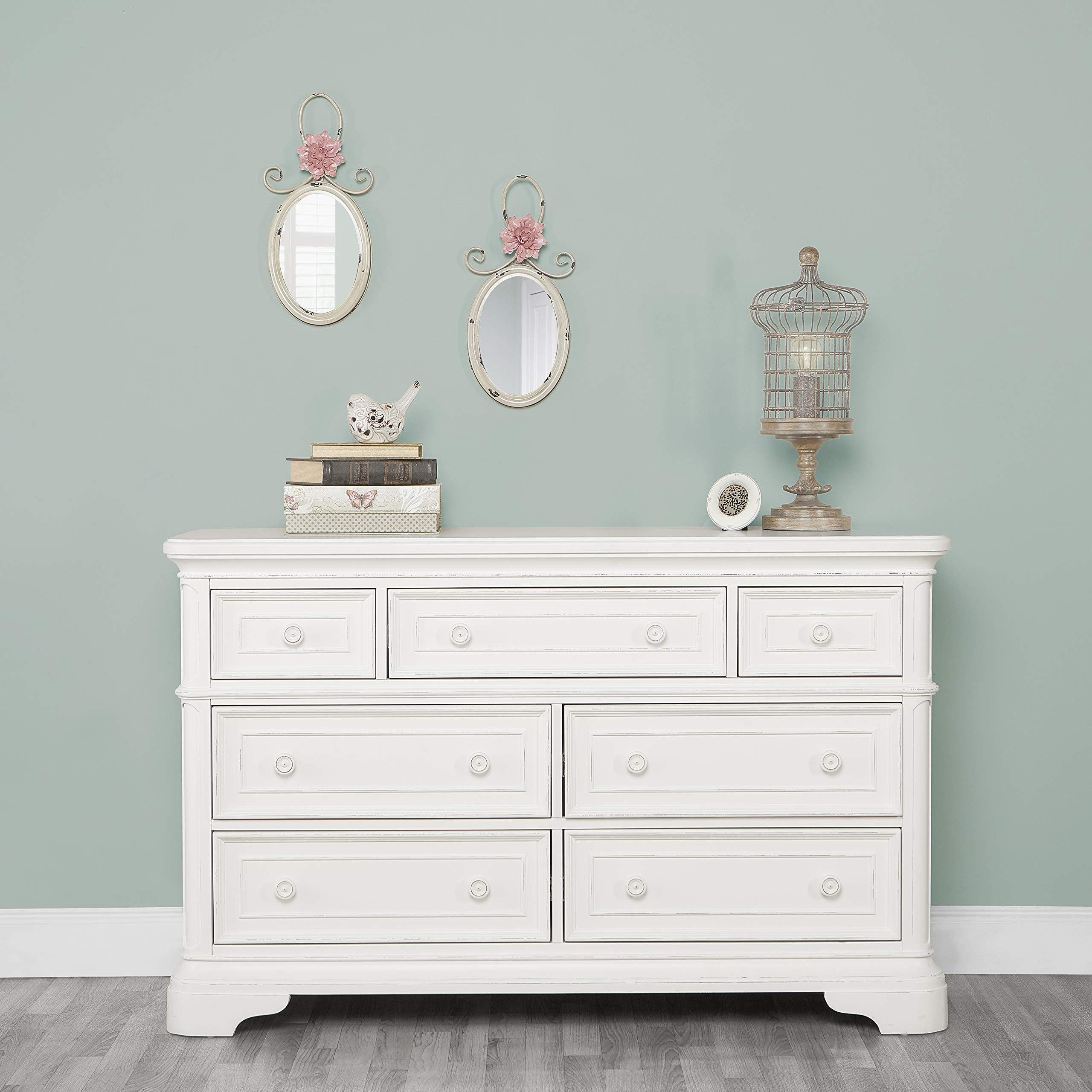 Evolur Signature Westbury Double Dresser in Aged White - Modern Nursery Dresser with 6 Drawers for Baby Clothes Storage | Perfect for Kids' Room Organization & Nursery Decor