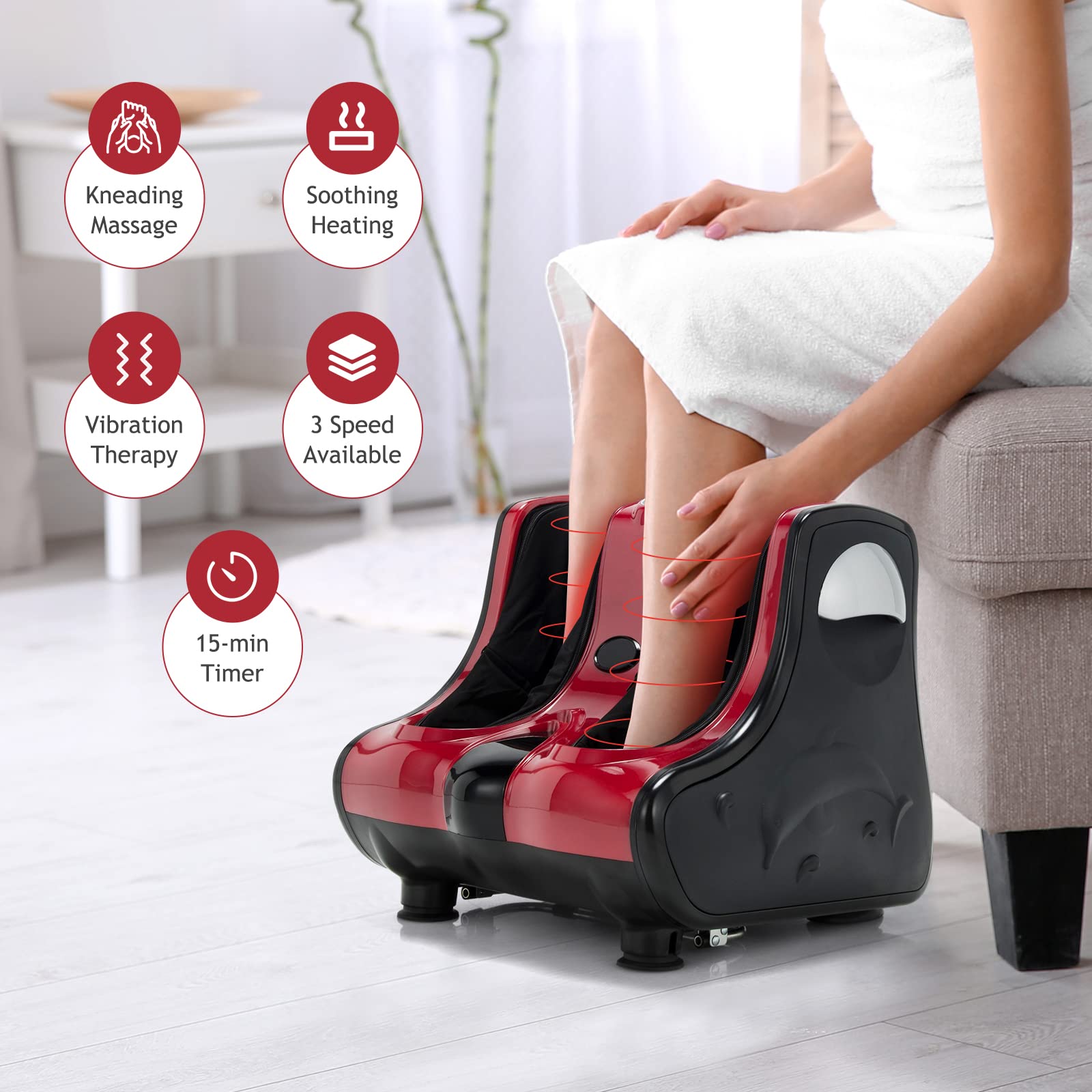 RELAX4LIFE Shiatsu Foot and Calf Massager with Heating - Kneading, Vibration & Rolling Massage Machine for Pain Relief - Adjustable Speed & Tilt Base - Perfect for Home, Office and Post-Workout Relaxation (Red)