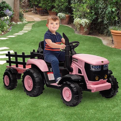 GARVEE 12V Kids Ride On Tractor Toy with Remote Control, 7 LED Lights & Safety Belt - Pink | Outdoor Play, Birthday Gift for Boys & Girls Ages 3-8 Years