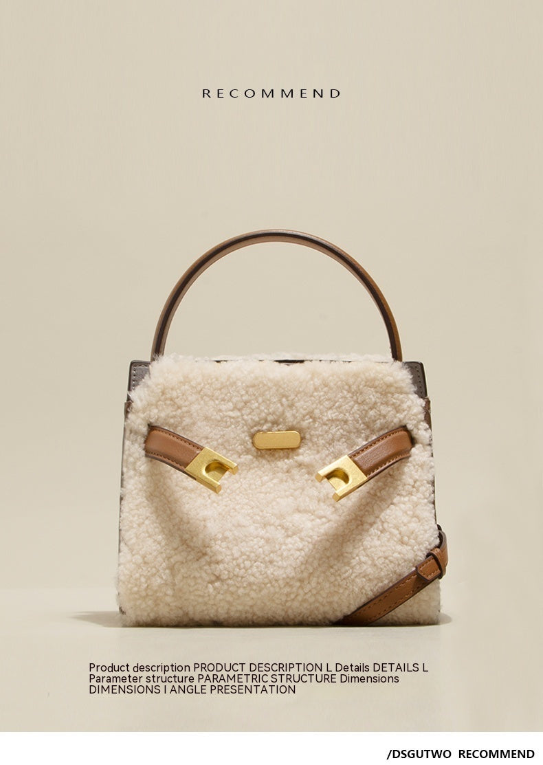 Premium Genuine Leather & Lamb Wool Winter Tote Bag - Women's Fashion Shoulder Bag & Crossbody Purse for Work, Travel & Daily Use